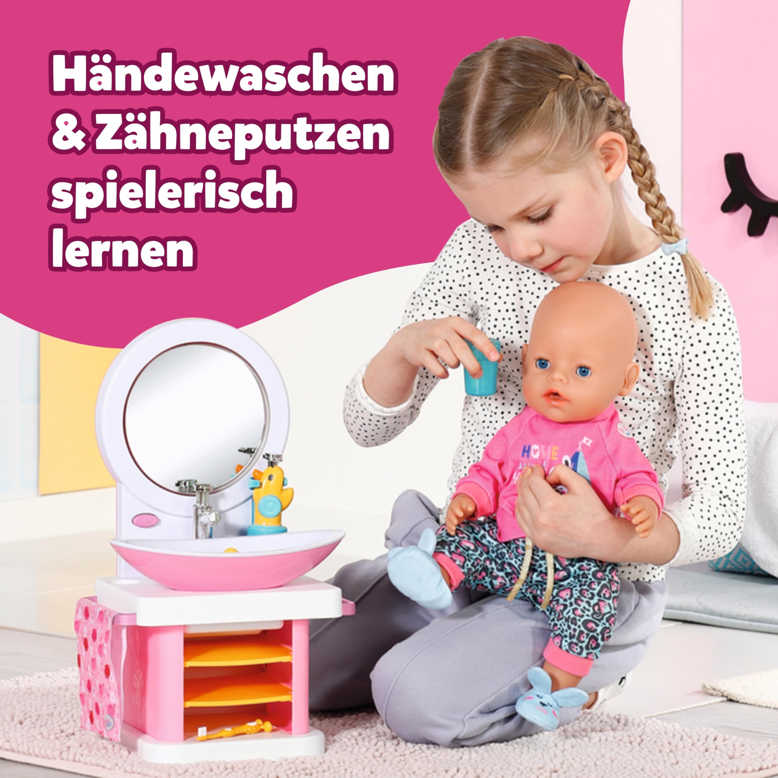 BABY Born Waschtisch - Interaktiver Puppenwaschtisch mit Licht- & Soundfunktion - Hochwertiges Puppenzubehör - Inkl. Zahnbürste, Zahnputzbecher, Seifenspender & Handtuch