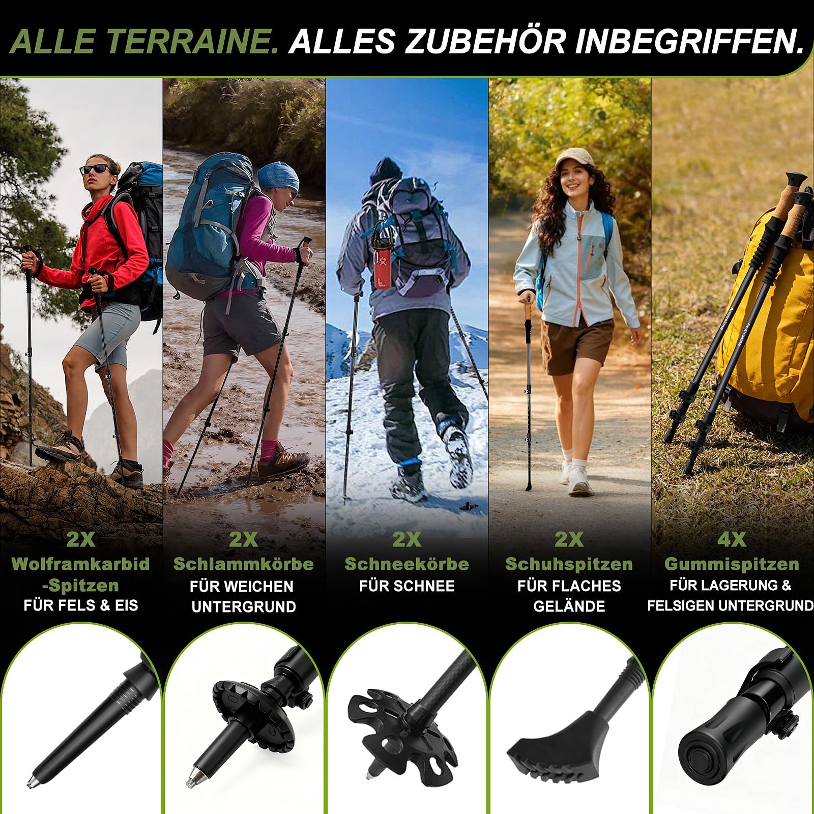 Bastones de senderismo de fibra de carbono 100 % – Bastones de trekking ultraligeros y resistentes con mango de corcho y cierre rápido, 2 unidades, incluye accesorios para todo terreno, para hombres