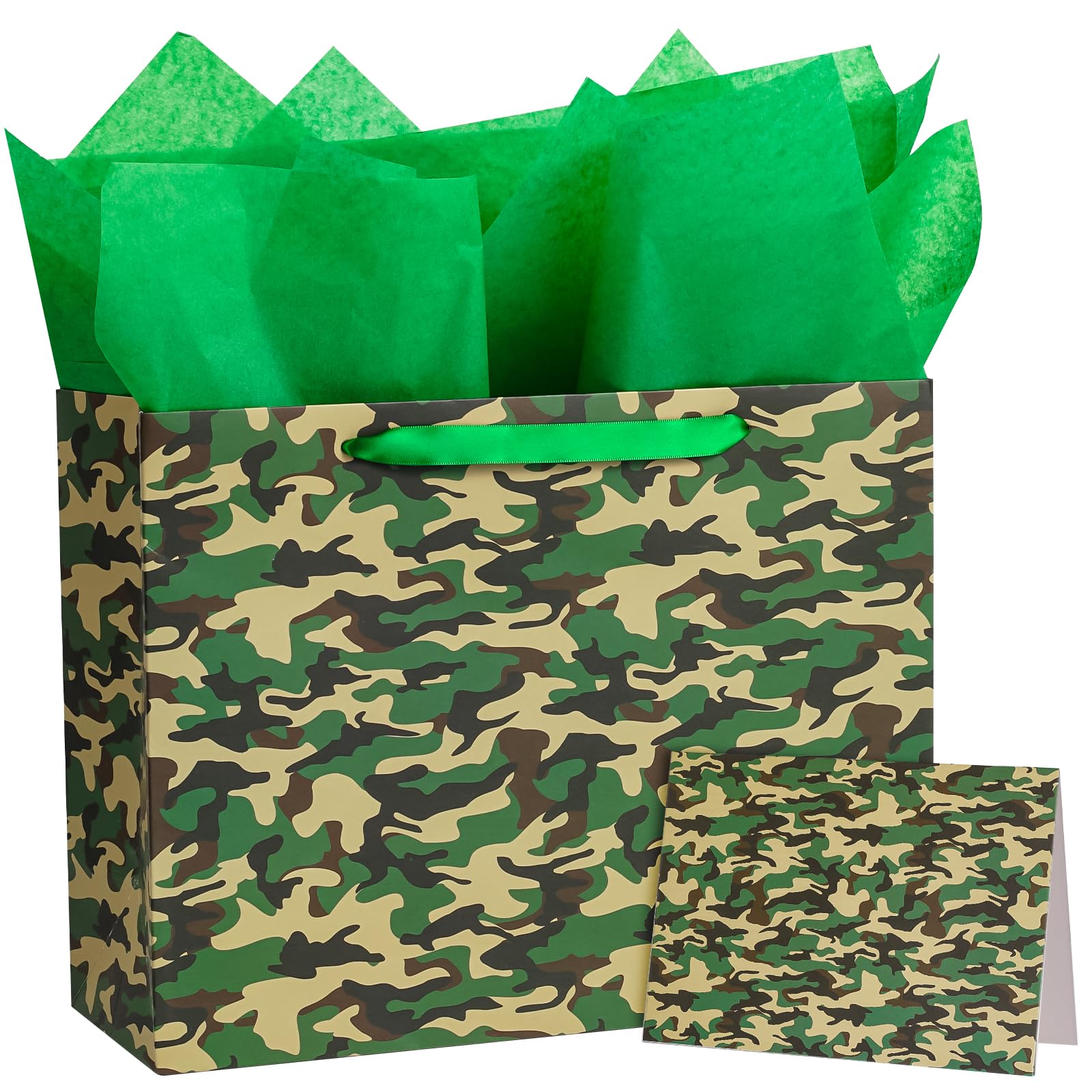 WRAPAHOLIC 13" Camo Birthday Gift Bags with Card and Tissue Paper - Green Camouflage Gift Bags for Army Party, Boys Girls Veterans Baby Shower