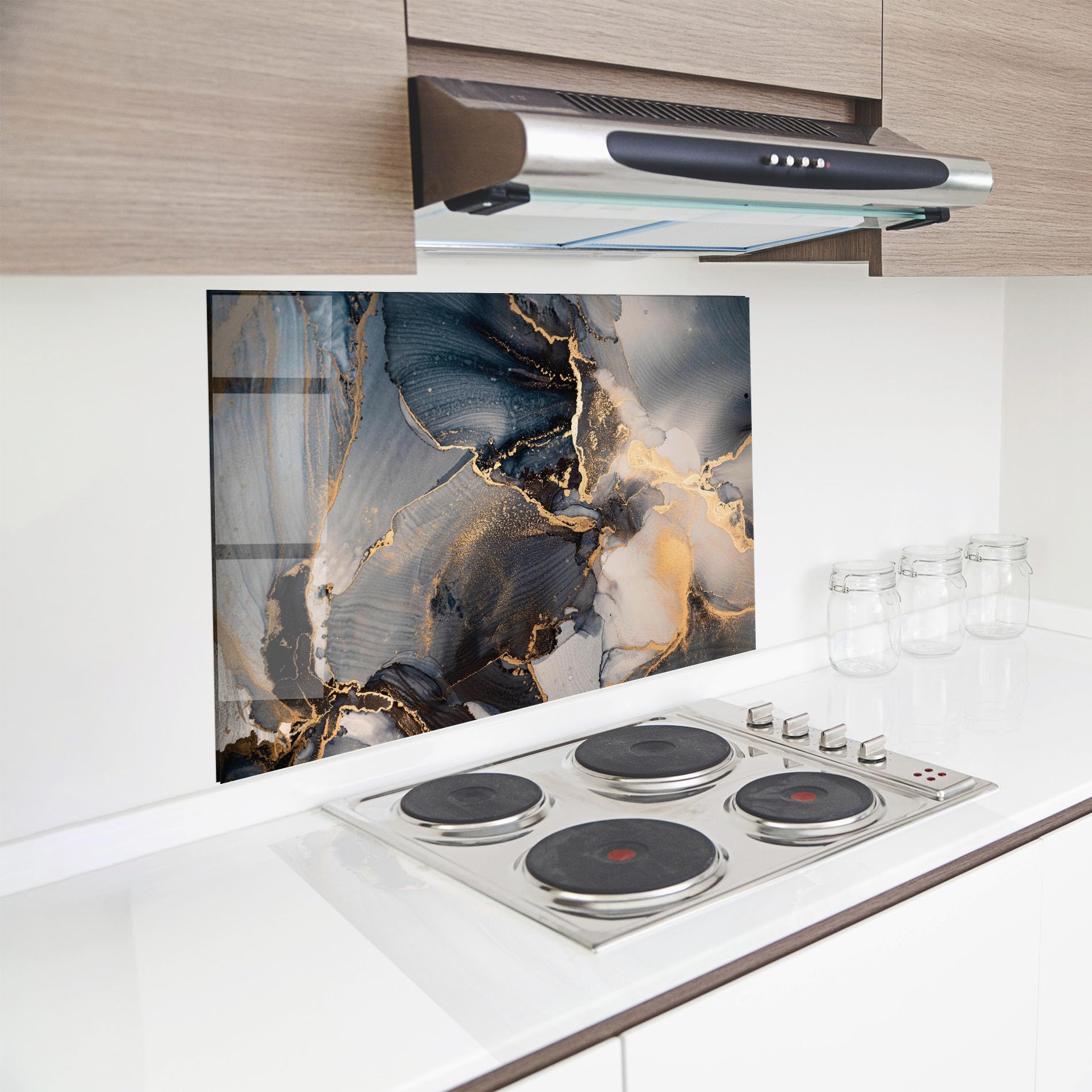 ARTHUB® Crédence de Cuisine en Verre 50x70 cm, Golden Abstract Marble | Protection Contre Les éclaboussures, Revêtement Mural en Carreaux, Plaque en Verre, Verre trempé, Abstrait, Marbre