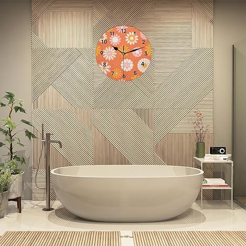 Miniatura 3 de POFATO Reloj de pared naranja con flor de sol, sin tictac, silencioso, redondo, funciona con pilas, decoración moderna del hogar para sala de estar,