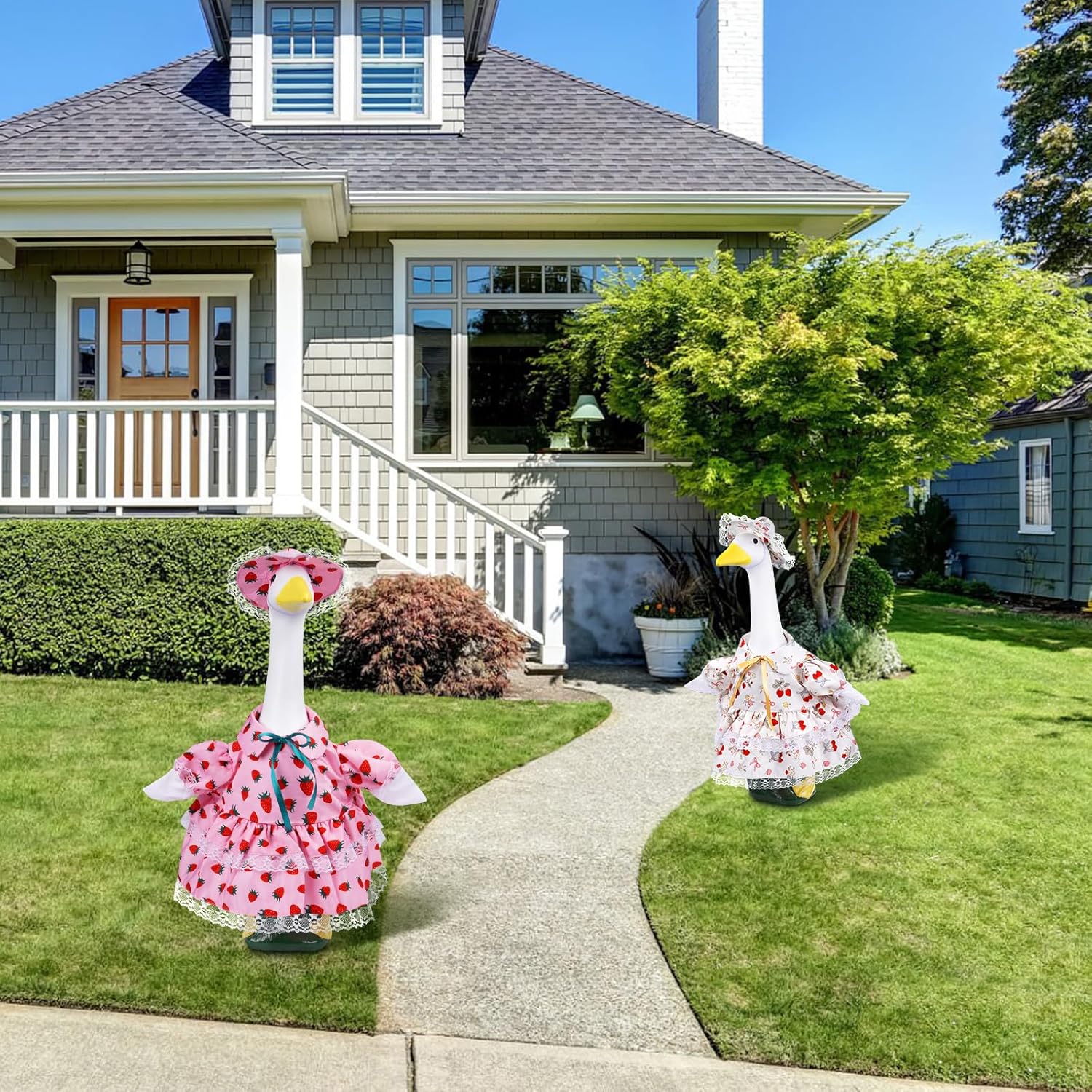 FACULX 2 Set Spring Porch Goose Outfits with Strawberry Hats for 23" Cement Statue for Outdoor Yard Lawn Patio Decoration Cute Garden Art Decor
