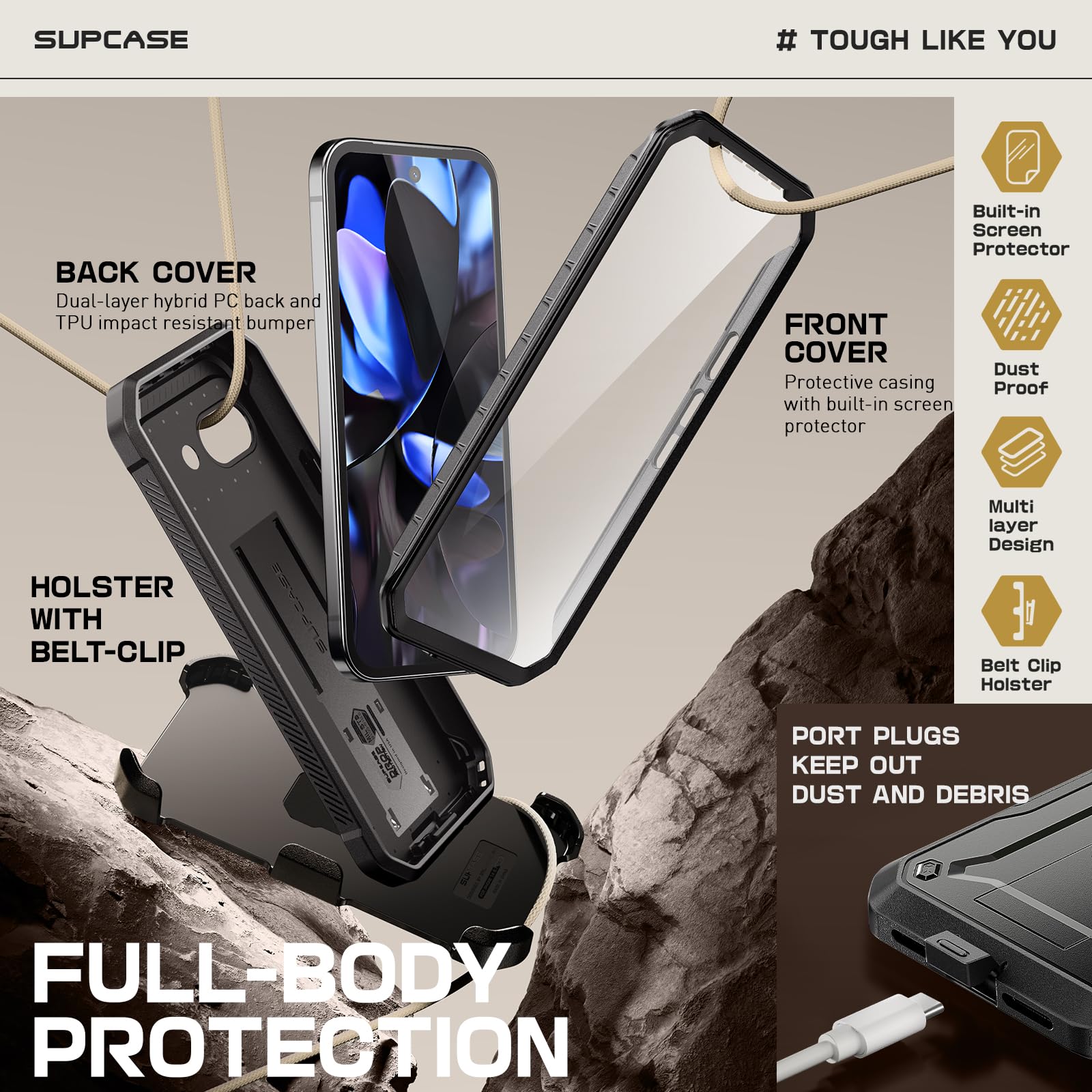 SUPCASE Outdoor Hülle für Google Pixel 9A, 360 Grad Handyhülle Bumper Case Robust Schutzhülle Cover [Unicorn Beetle Pro] mit Displayschutz, Ständer und Gürtelclip für Pixel 9A 2025 (Schwarz)