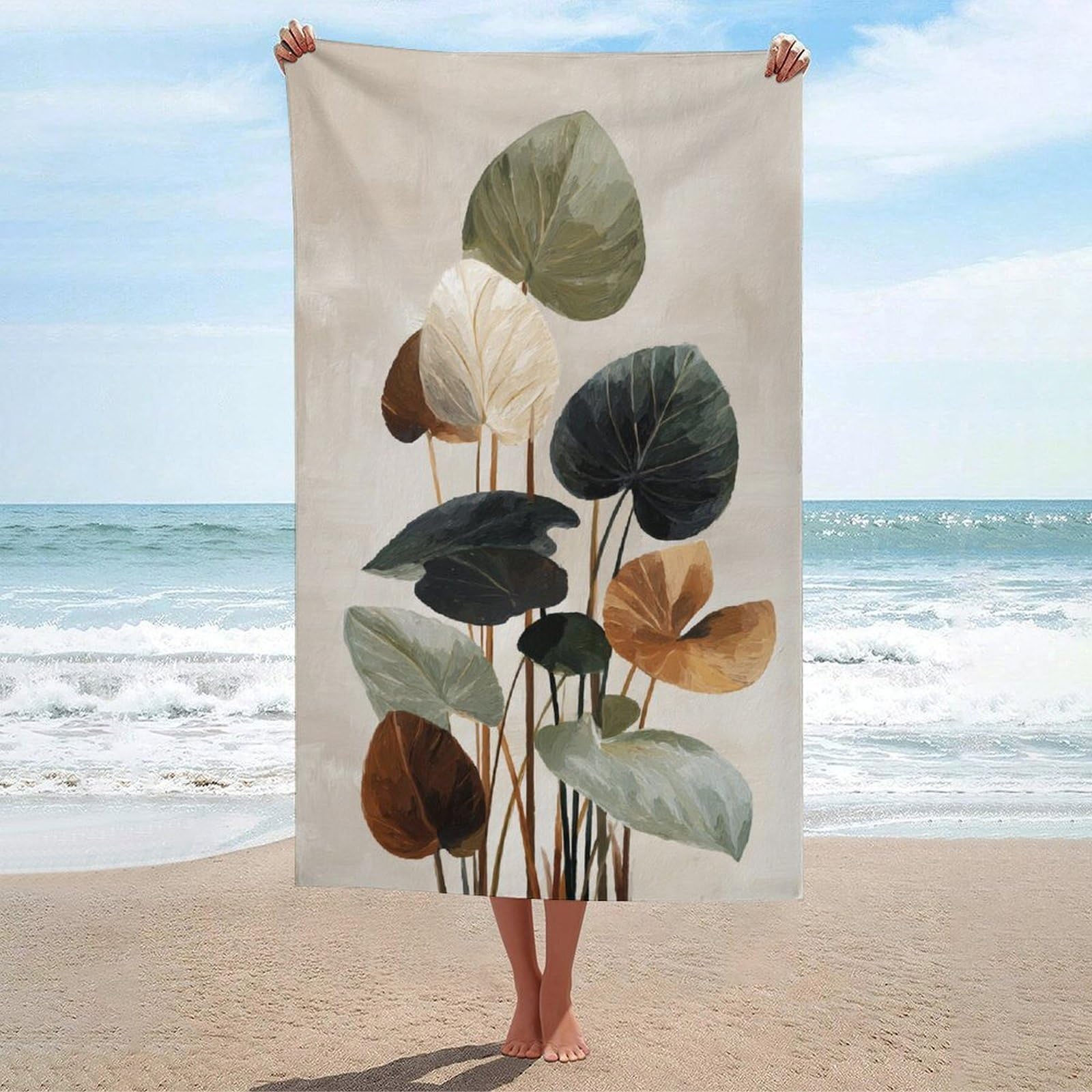 asbwuo Japandi Art Plants with Large Leaves Beach Towel