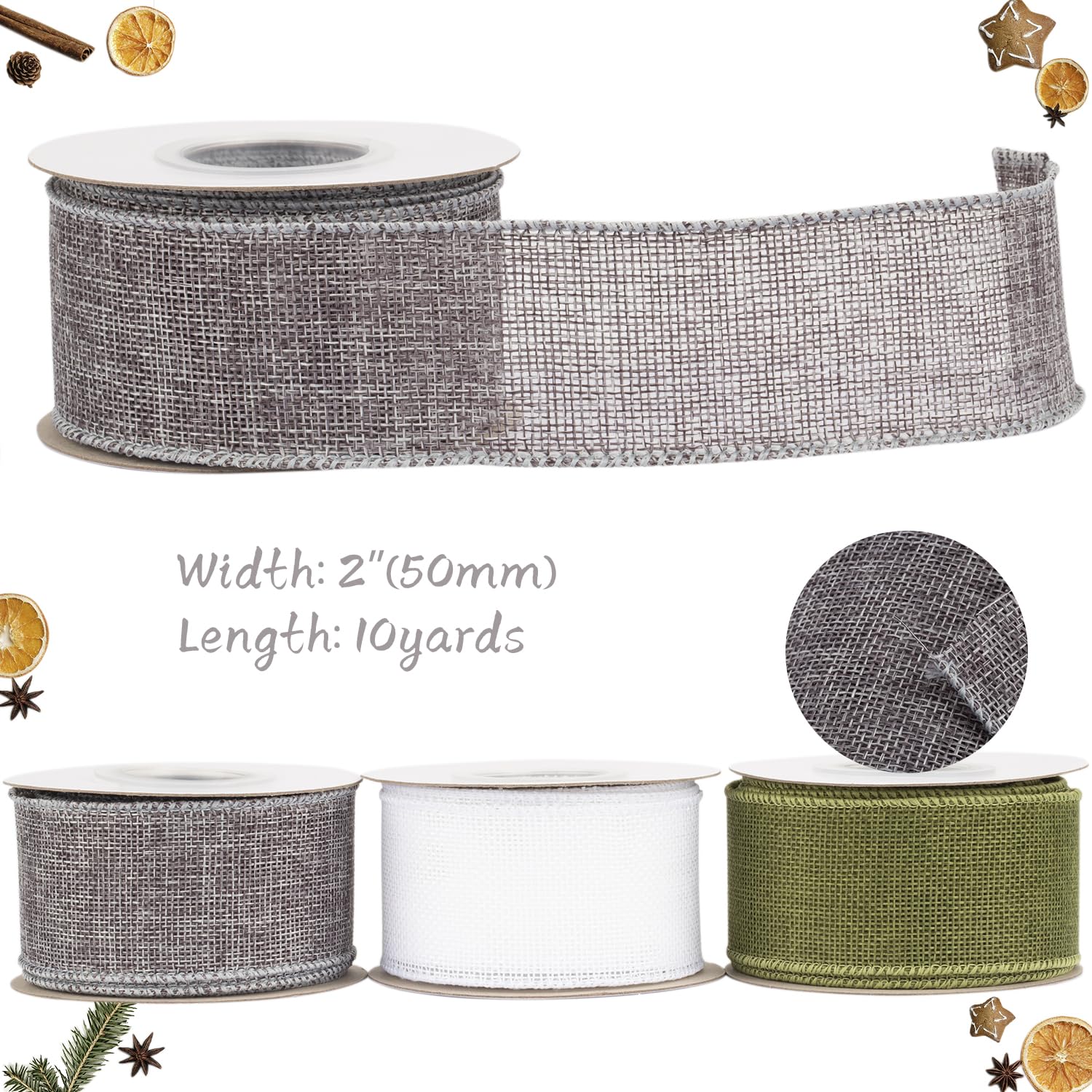 Tekdeere Burlap Ribbon 50mm x 9 Meters, Gray Wired Ribbon for Crafts, Gift Wrapping, Wreaths, Bows, Tree Decoration and Outdoor Decoration - Image 2