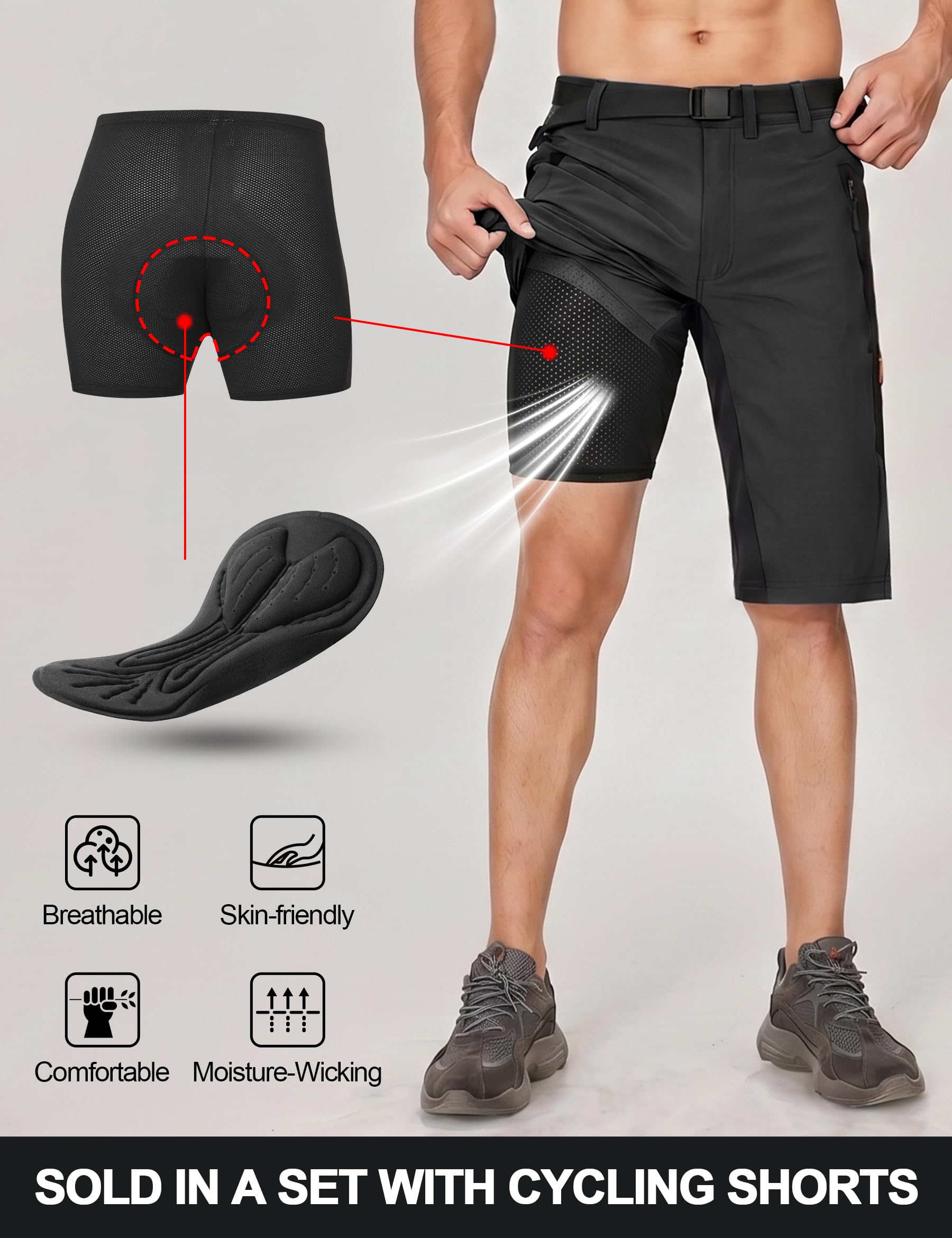 INBIKE Pantaloncini MTB Uomo Estivo Mutande Ciclismo Imbottitura 4D Pantaloncini Cargo Pantaloncini Trekking Asciugatura Rapida Traspirante Elastici per Sport all'Aria Aperta CS106