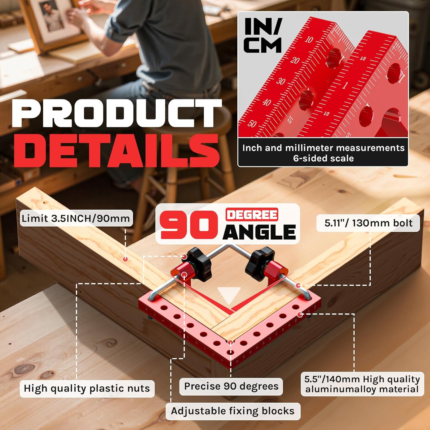 Corner Clamps for Woodworking, 4 Pcs 5.5" Aluminum Alloy 90° Right Angle Clamp Set, Precision L-Shaped Screws, Dual Scale Positioning Squares for Frames, Cabinets, Drawers & Boxes
