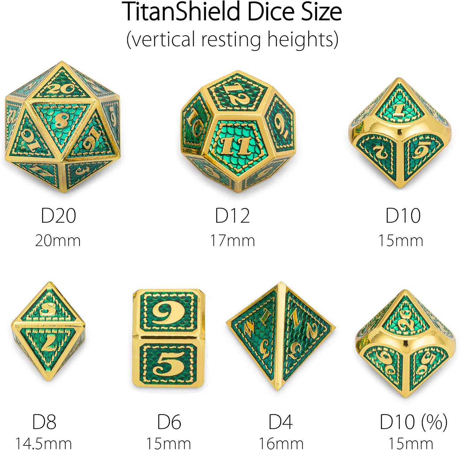 TitanShield DragonScale Series DND 7-Piece Metal Dice Set (Emerald)