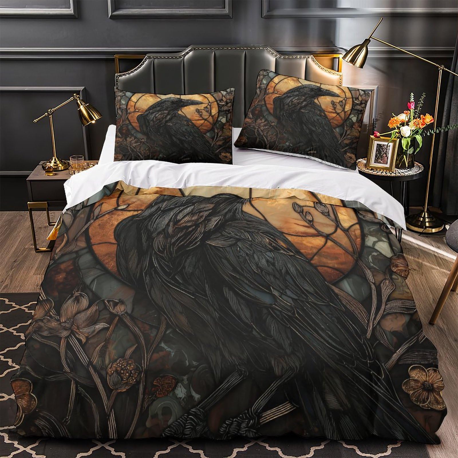 Housse de couette corbeau noir imprimée 3D parure lit 140x200 douce