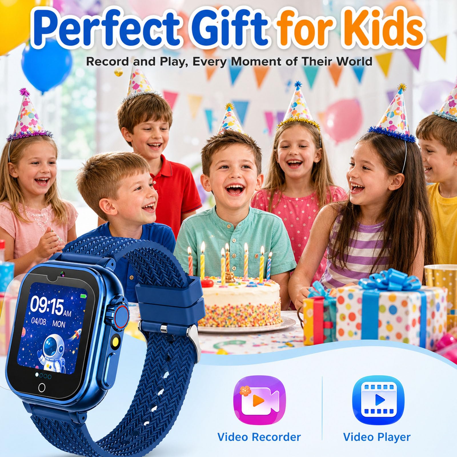 Orologio intelligente per bambini per ragazze e ragazzi dai 4 ai 10 anni, blu | 26 giochi integrati, touch screen HD, videocamera, lettore musicale, allarme