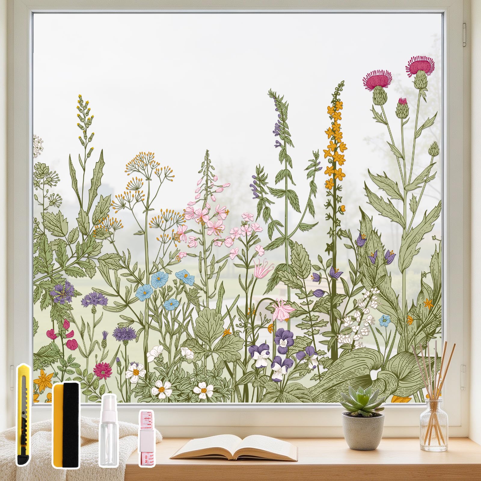 Conkov Transparent Window Film with Colourful Flower Meadow, 44.5 x 200 cm — image 1