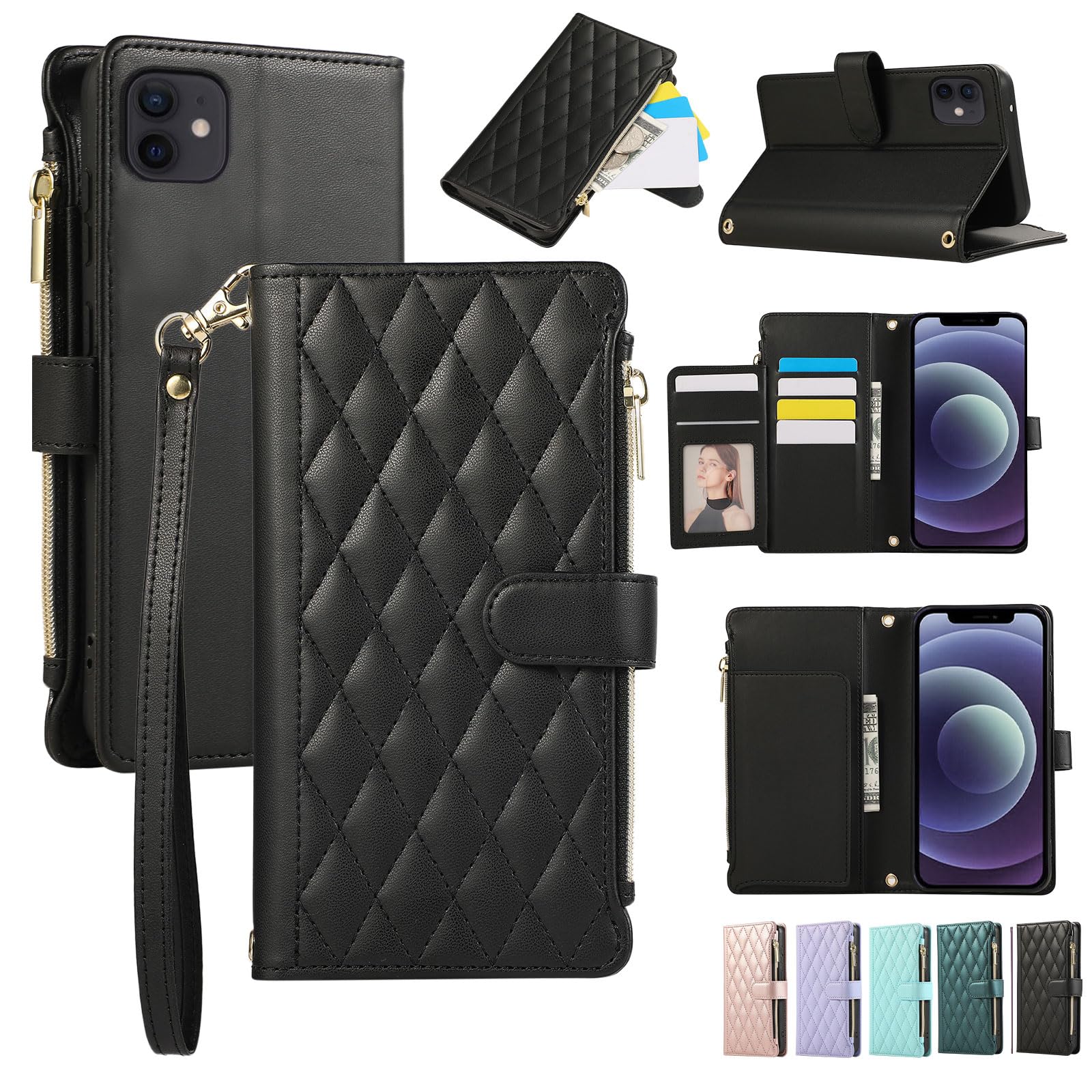 Noaivoky For iPhone12 Pro / iPhone12 ケース 手帳型 iPhone12ケース ショルダー いphone12 pro 肩掛け ファスナー いpほね12 財布型 アイフォン12 スマホケース iphone 12 スタンド機能 ストラップ あいふぉん12 カバー 小銭入れ RFIDブロッキング 耐衝撃 携帯ケース アイホン12 おしゃれ - ブラック