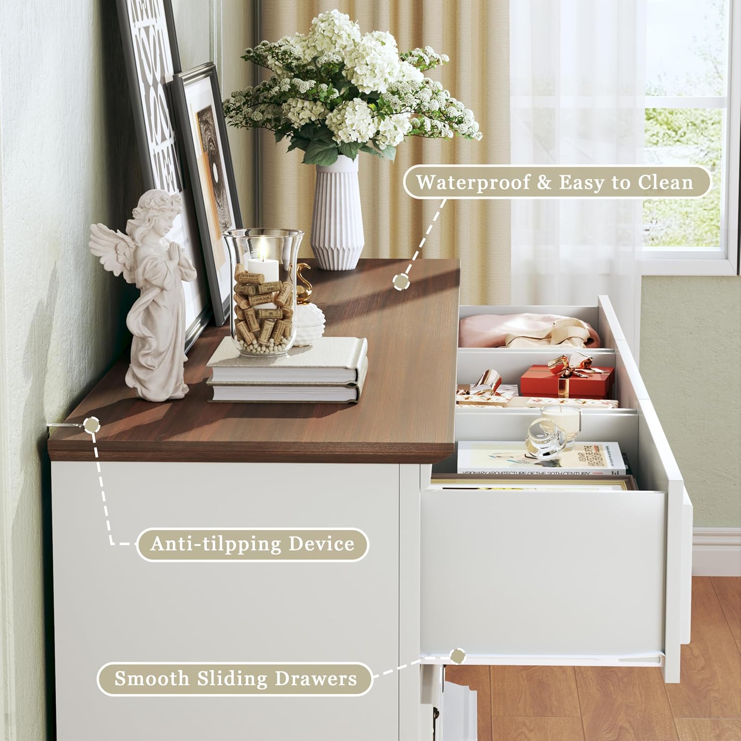 HUAHUU Farmhouse 9 Drawer Dresser for Bedroom, 60" Wide Chest of Drawers with Roman Column, Wooden TV Stand with Antique Bronze Circle Handles, Storage Organizer for Living Room, Hallway, White