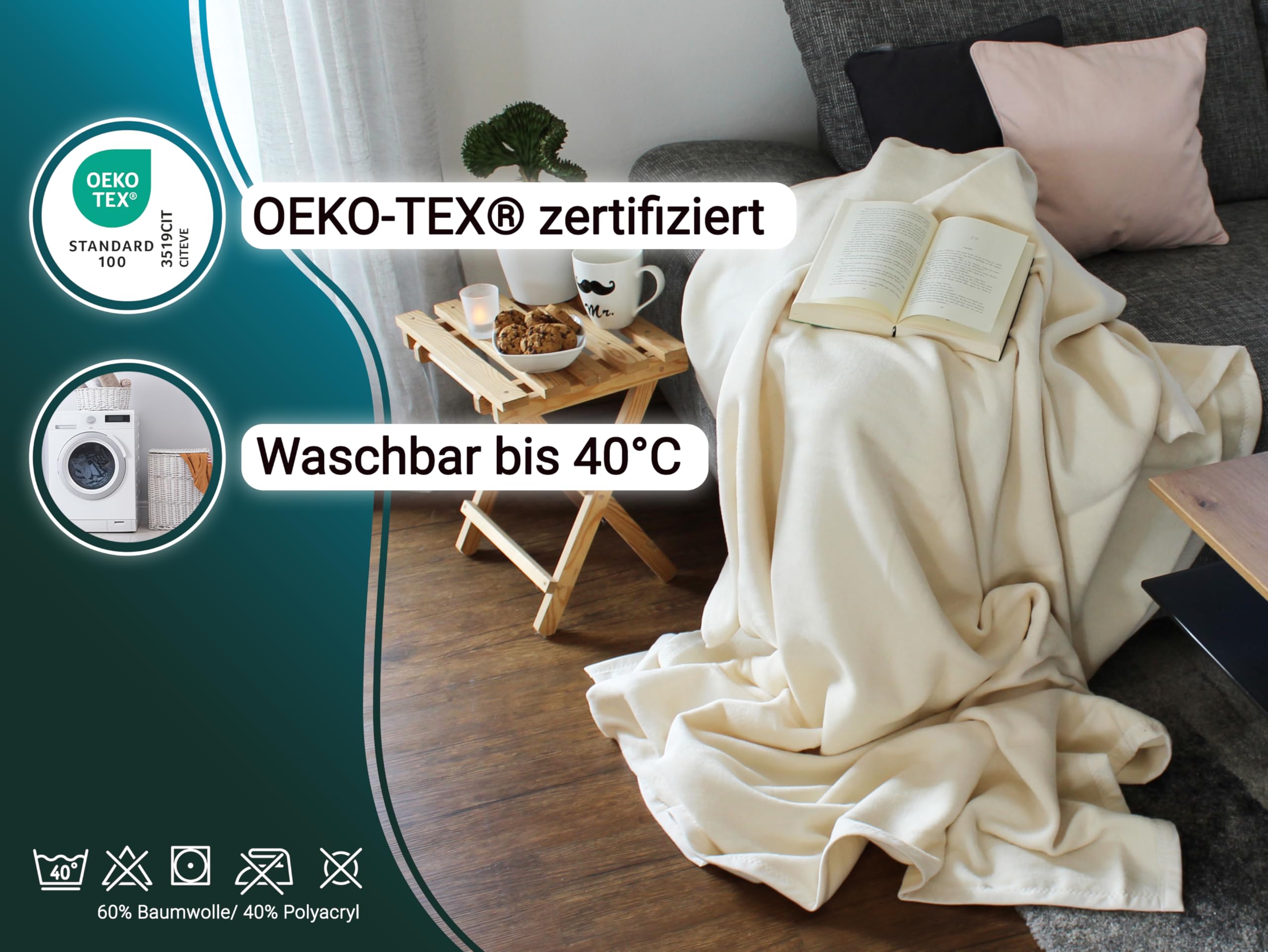 ZOLLNER Kuscheldecke flauschig in 150x200 cm - weiche und langlebige Sofadecke in Creme - waschbar bis 40°C - Mischgewebe - mit elegantem Einfassband - Hotelqualität - Oeko Tex® Zertifiziert