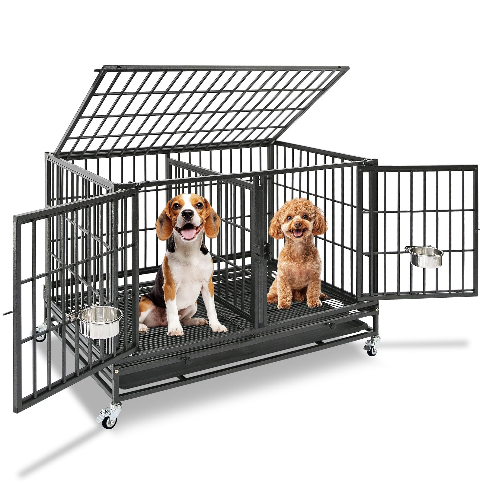 43 Inch Dog Crate, Heavy Duty Stackable Dog Crate Cage Kennel for Medium Dogs with Divider, Bowls, 3 Door, Removable Grid & Tray, 4 Lockable Wheels, Breeding & Grooming Drop Cages for Dogs
