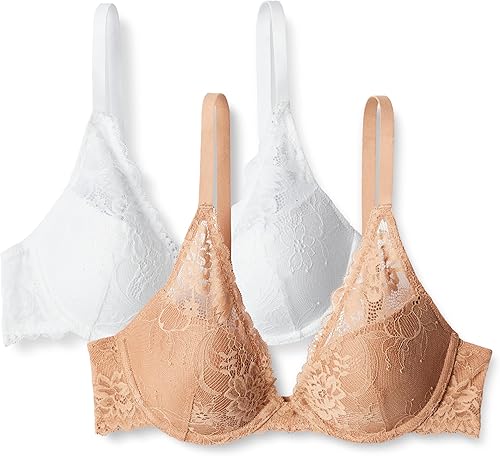 Amazon Essentials Women's Stretch Galloon Lace Lined Wired Deep Plunge Bra, Pack of 2, Washed Bronze/White, 36C