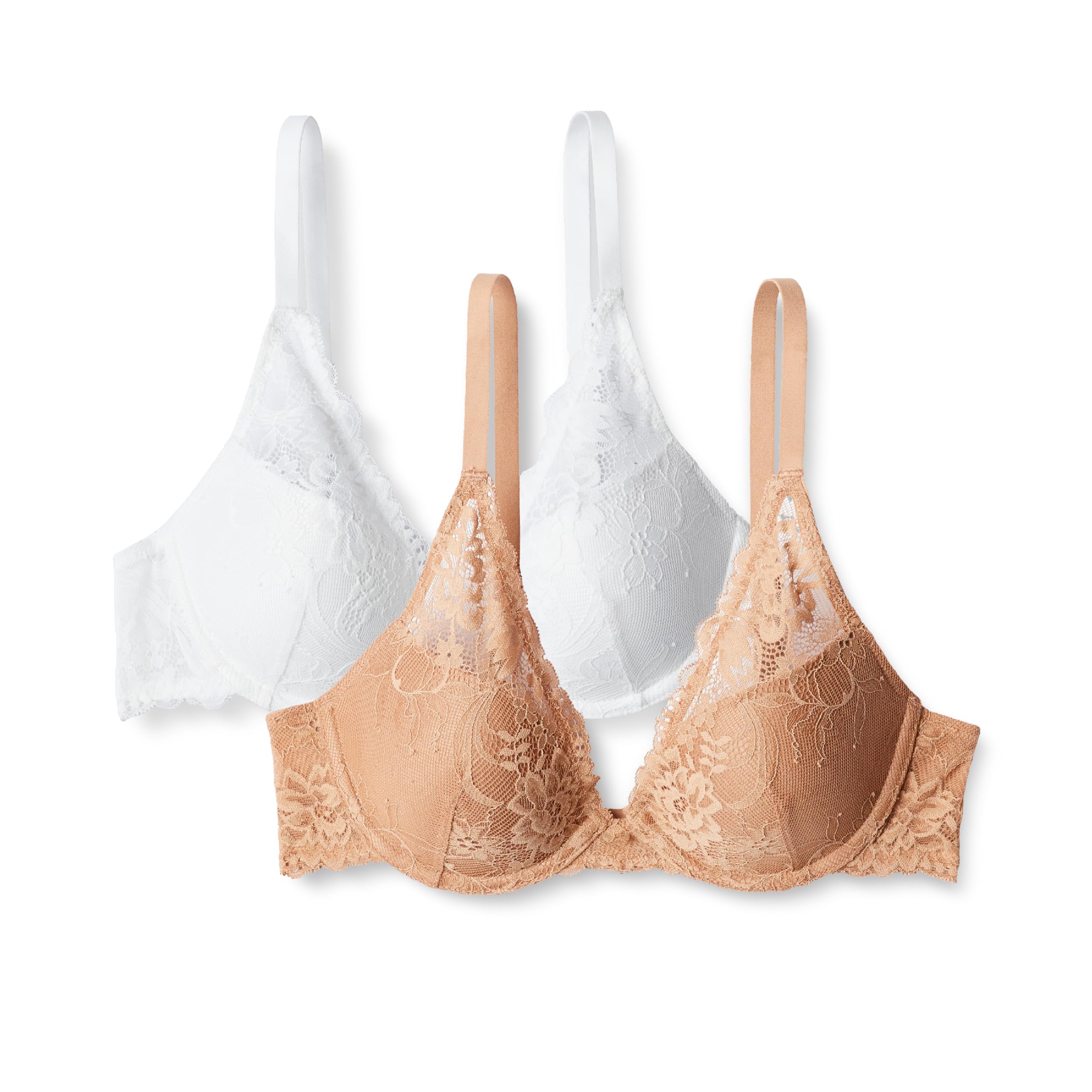 Amazon Essentials Reggiseno con Scollo Profondo in Pizzo Gallone Elasticizzato Imbottito con Ferretto Donna, Pacco da 2