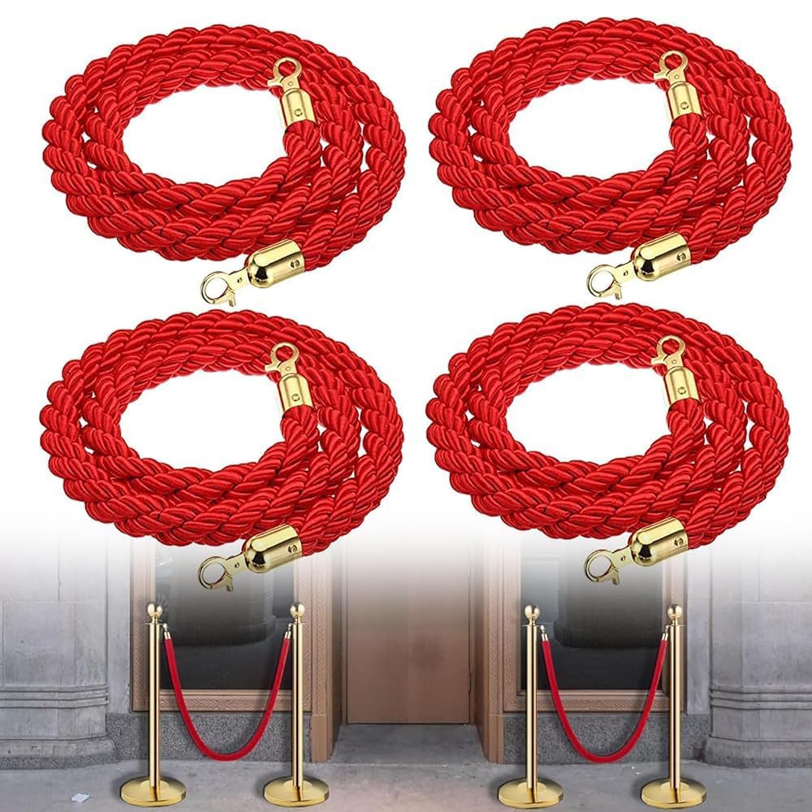 Corde de Guidage de 2,4 m (8 pi) - Lot de 4 barrières de contrôle des foules, Cordes torsadées en Chanvre tressé avec Crochets dorés, idéales pour Les événements de Prestige, Les Salons Auto