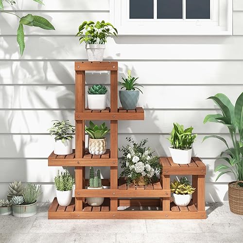 Miniatura 9 de Giantex Shorea - Soporte de madera para plantas de 6 niveles, estante escalonado para múltiples plantas en maceta con estructura alta y baja,