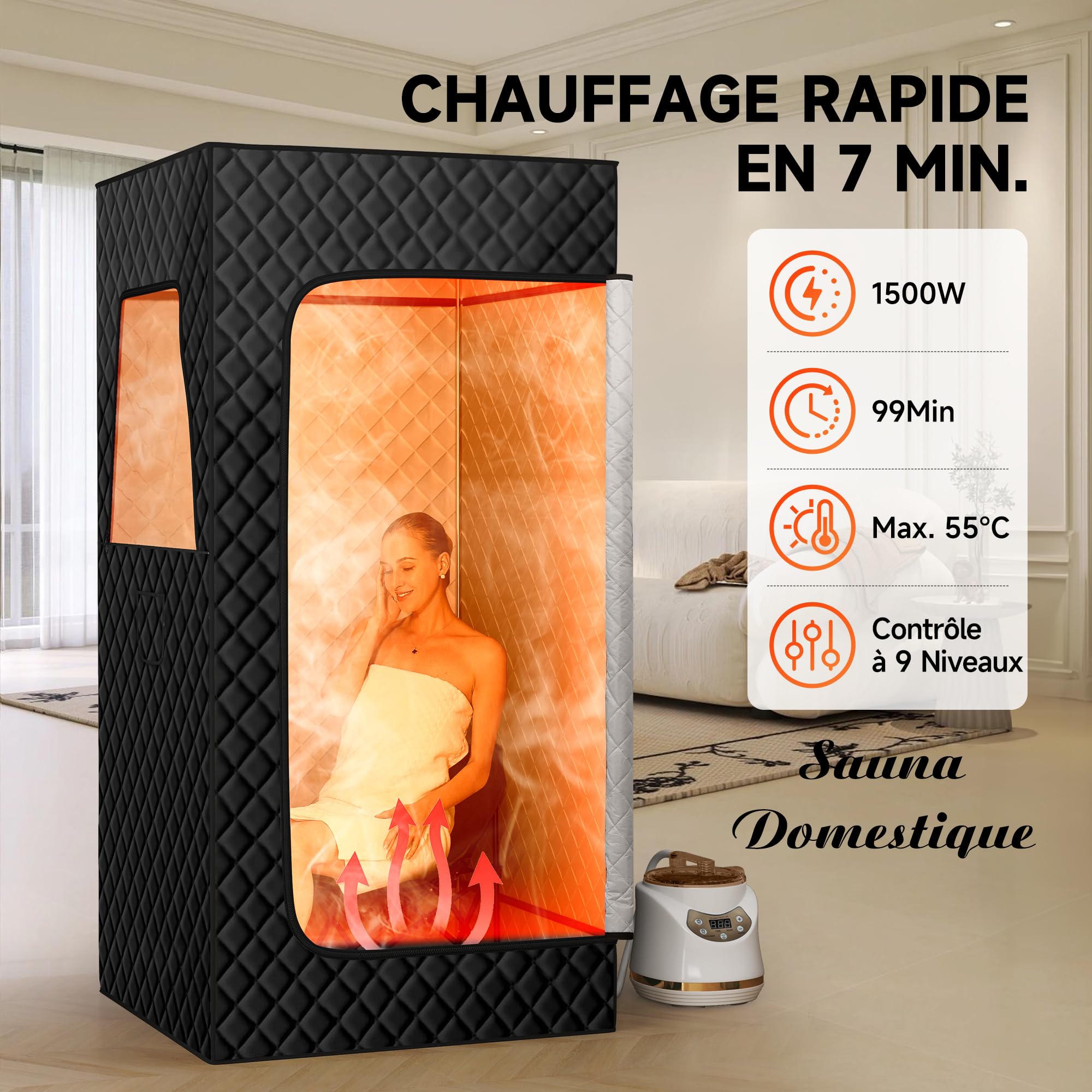 Resitsland Sauna Portable, spacieux et Portable pour la Maison, boîte de Tente de Sauna avec cuiseur Vapeur de 3 l, 90 x 90 x 180 cm, télécommande, Chaise Pliante, 9 Niveaux Nior