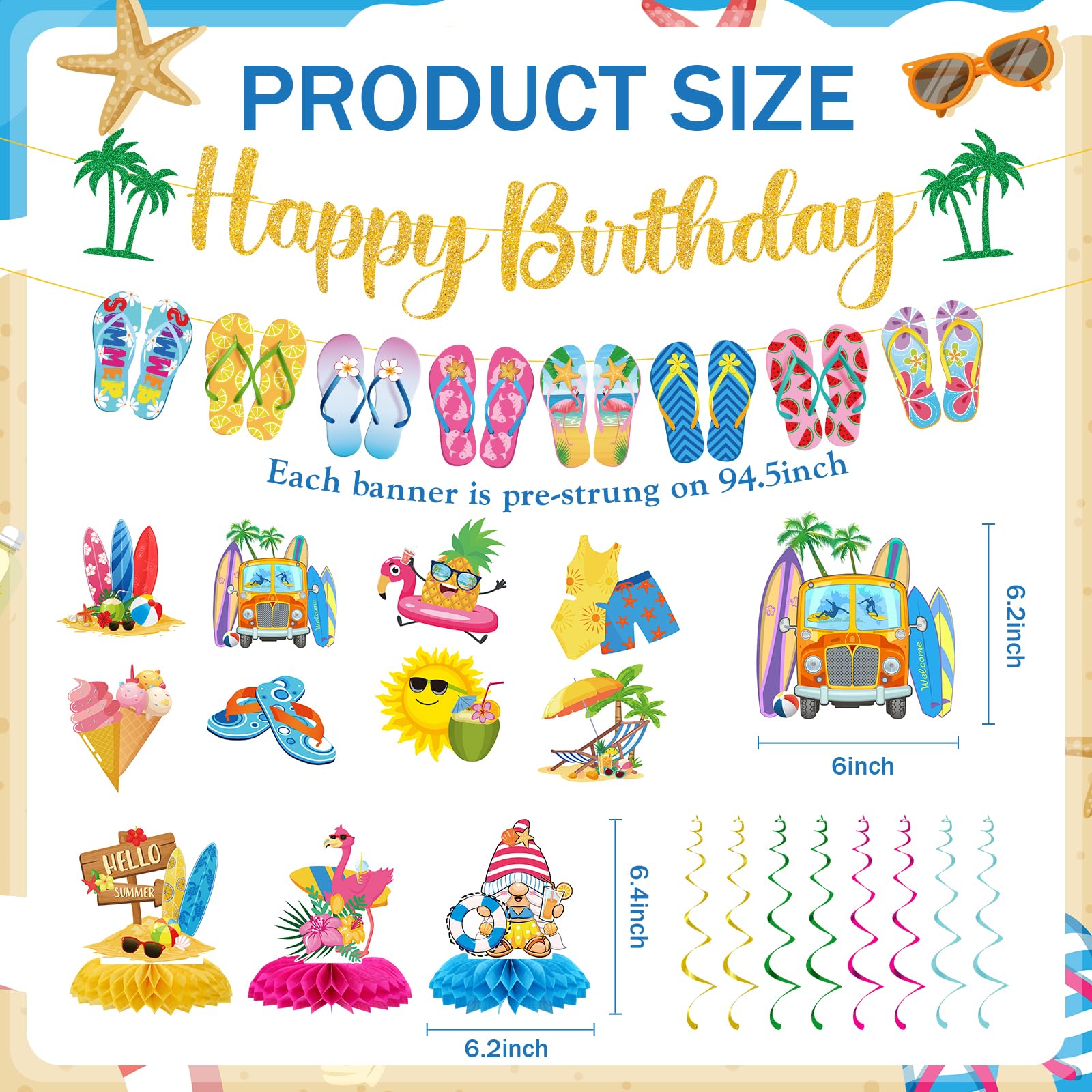 VorkiVecKi Decoraciones de fiesta de cumpleaños de verano, juego de 13 piezas de decoración de remolinos colgantes para piscina de playa, para niños, suministros de pancarta de Hello Summer Slip Flop