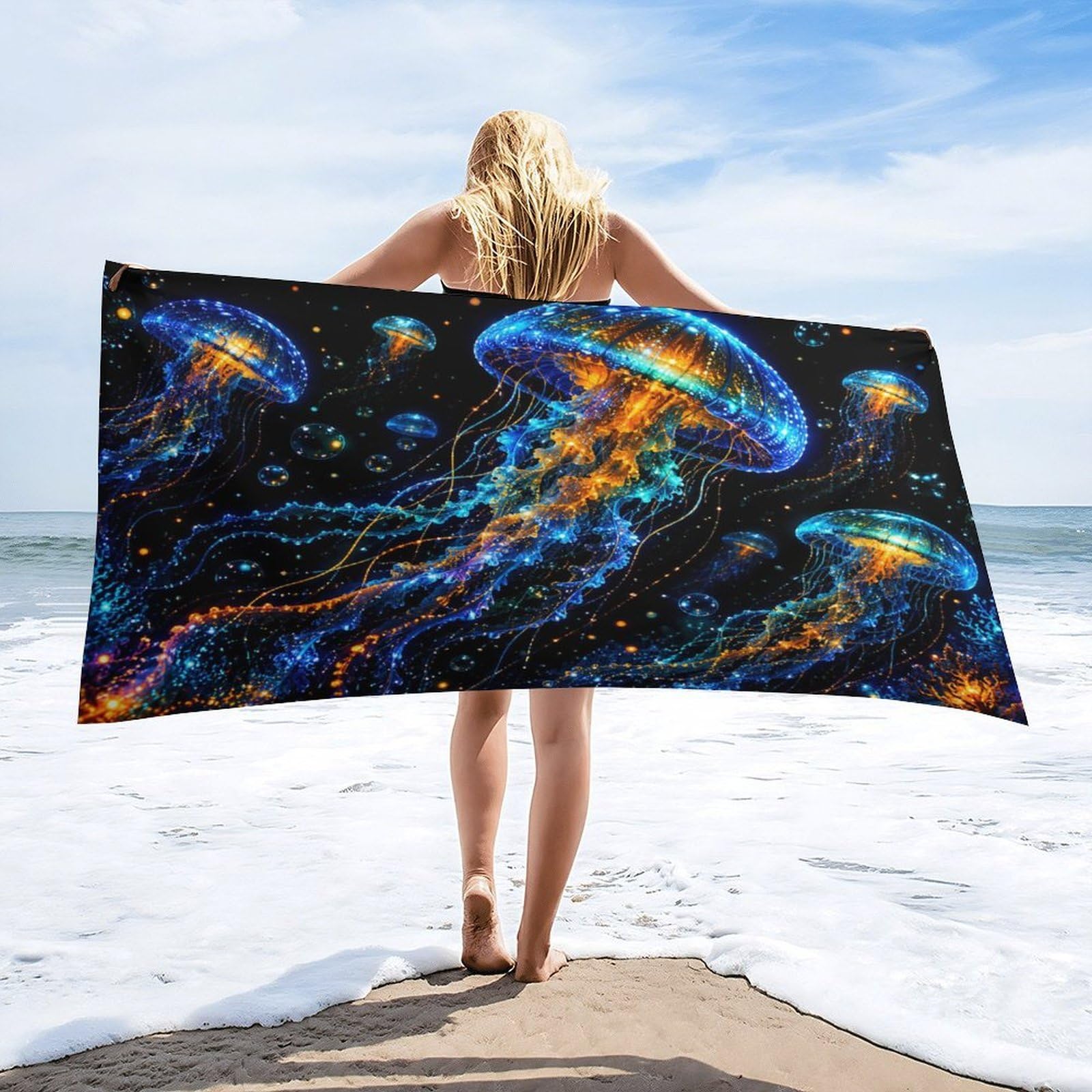 Anceky Glowing Jellyfish Ocean Beach Towel 30"×60",Soft Microfiber Bath Towel Shawl, Quick Dry Absorbent Pool Spa Gym Shower Towel