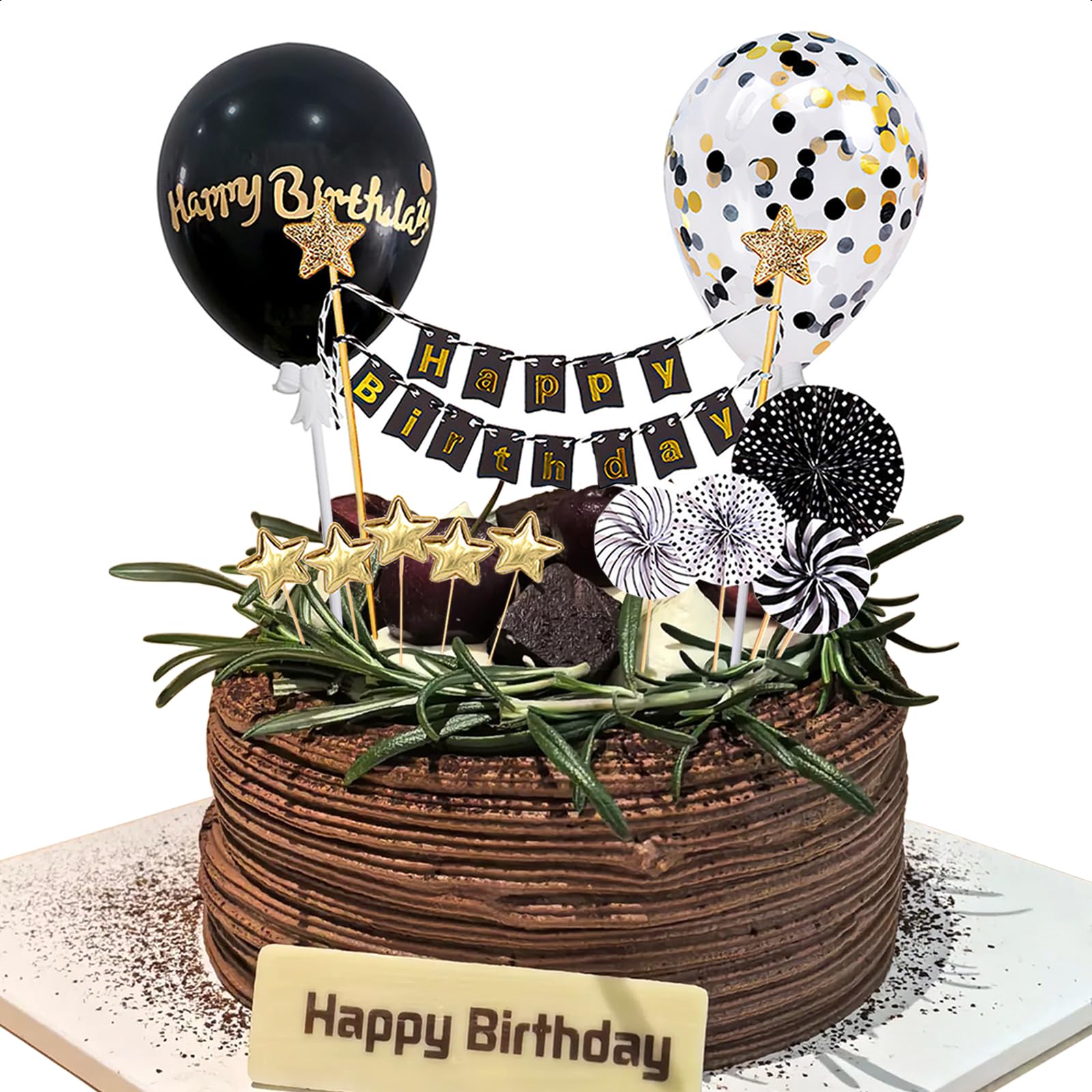 12 Stück Tortendeko Schwarz Gold, Happy Birthday Cake Topper, Kuchendeko Geburtstag Personalisiert, Happy Birthday Tortendeko Geburstagstorte set für Torten Deko Mädchen und Junge