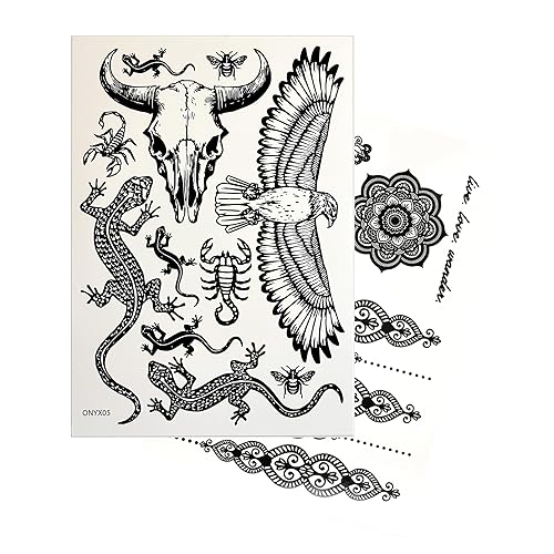 Miniatura 7 de Tatuajes temporales para mujeres adultas  2 hojas de halcón lagarto gecko insecto escorpión cráneo vaca búfalo bisonte adultos tatuaje