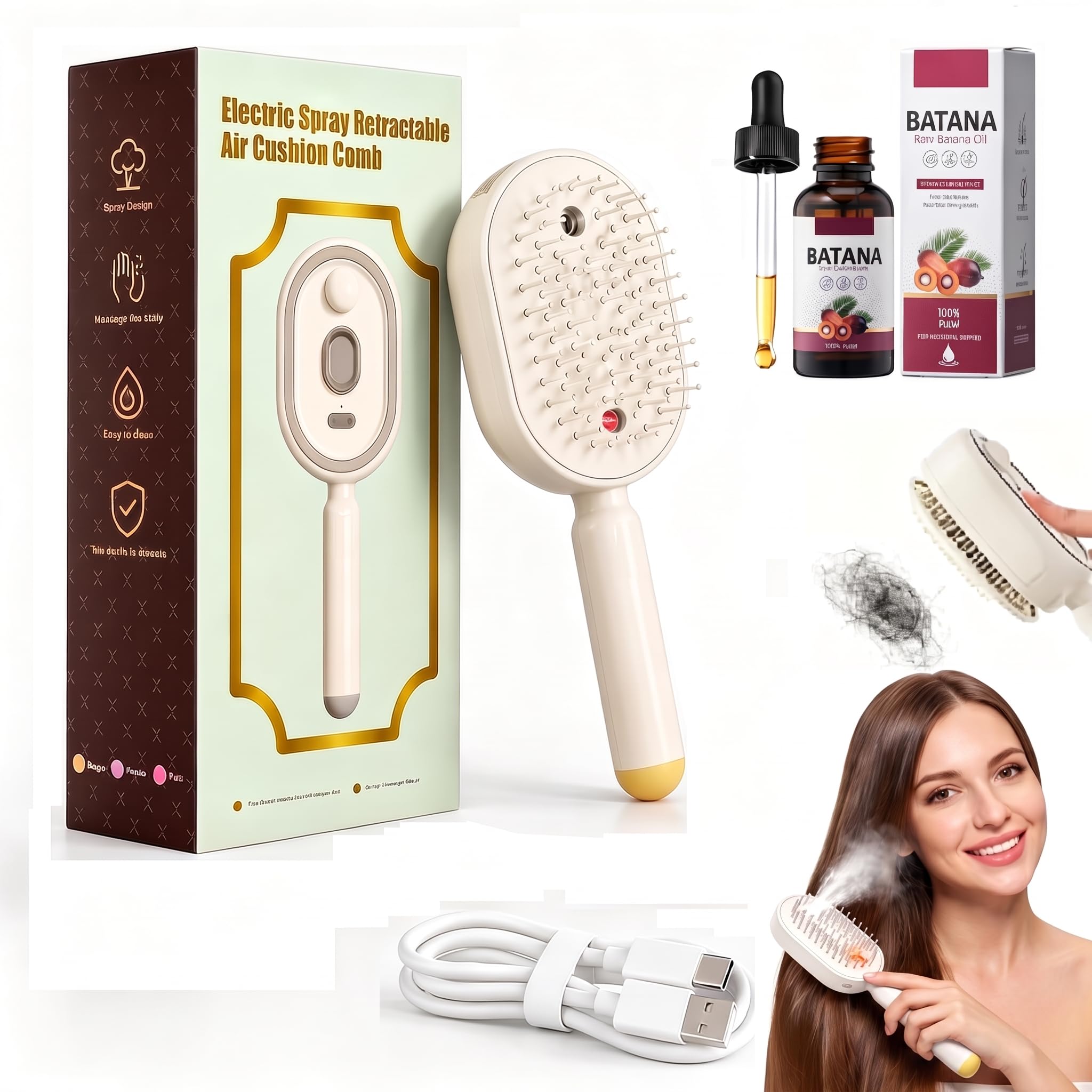 Electric Spray Air Cushion Massage Comb, Steam Brush for Dry Frizzy Damaged Hair with Water Spray Misting, Detangling, Rechargeable|Self-Cleaning Hair Brush for Women with Gloss Enhancing Batana Oil