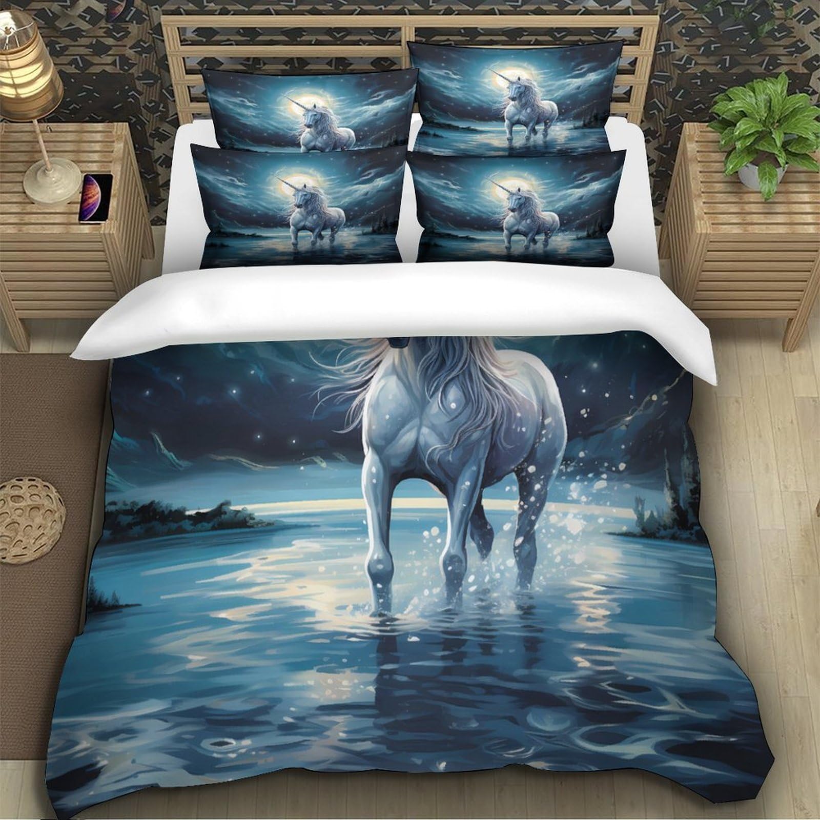 Fantasia di unicorno Impressione 3D 3 pz fodera per edredone Arte di creature mitiche coperteletto microfibra ipoallergenica antiacari per ragazzi uomini adulti Super king（260x220cm）
