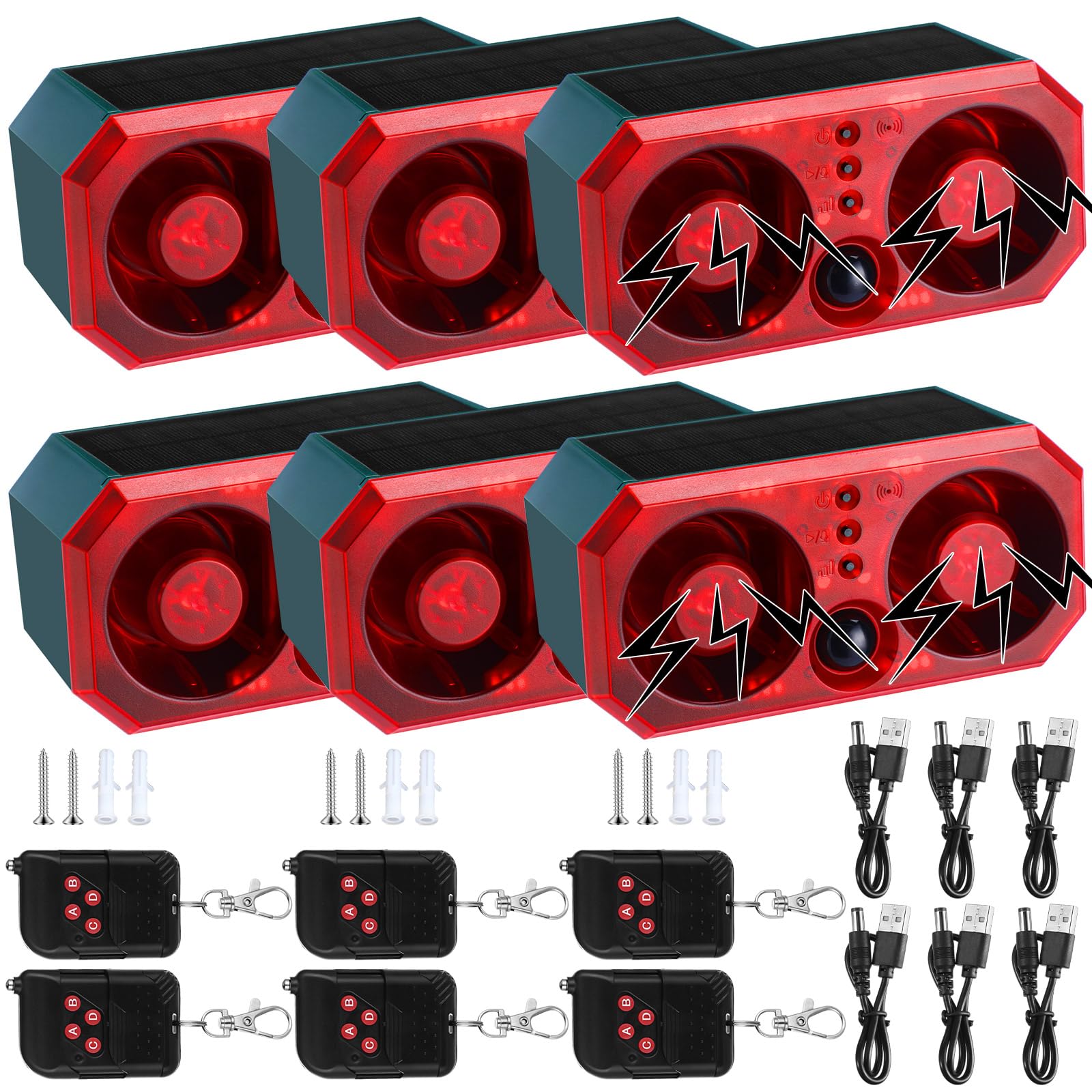 Photo 1 of Qualirey 6 Pcs Solar Outdoor Motion Sensor Alarm Motion Sensor Animal Deterrent Dog Barking Alarm 13 Sound 130db Loud Noise Maker 4 Mode with USB Remote Control Support Recording Volume Adjustment