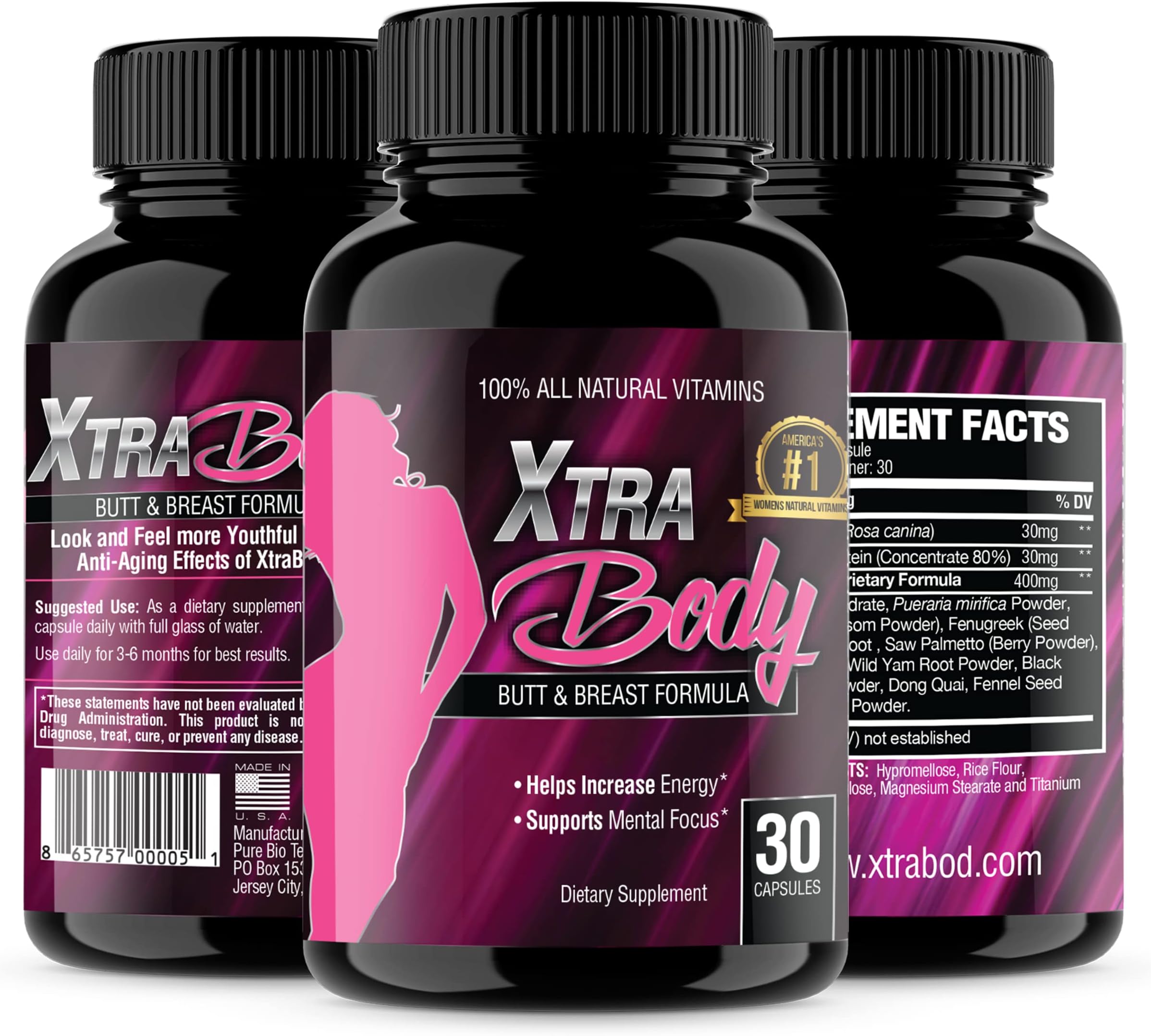 XtraBody Butt Enhancement and Breast Enlargement Supplement - Estrogen Enhancer - Increases Butt & Breast Size, Reduces Menstrual Symptoms & Provides an Extra Boost of Energy (1 Bottle=30 Capsules)