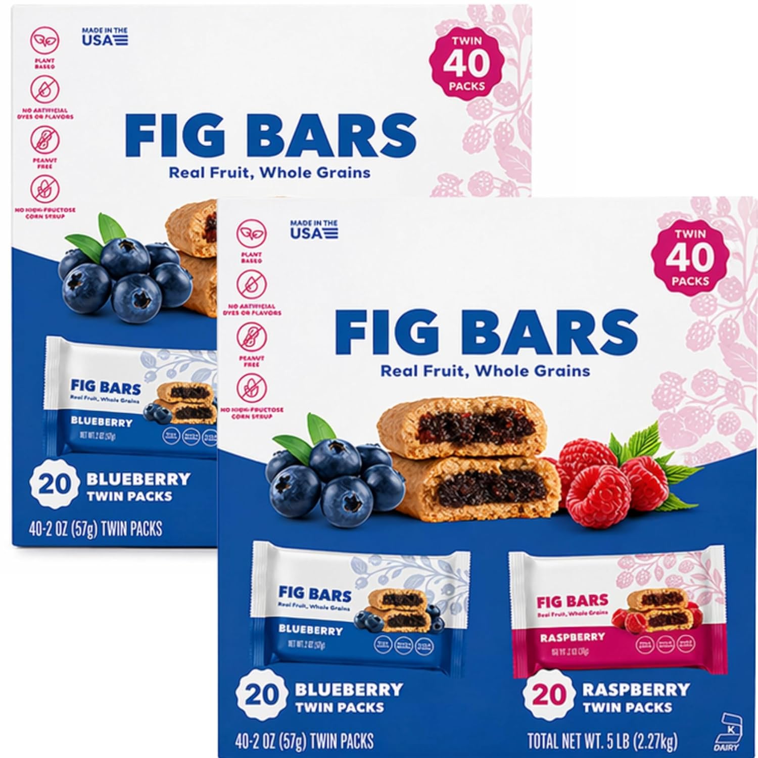 Fig Bars Variety Pack, Blueberry & Raspberry Twin Packs, Real Fruit Whole Grain Baked Snack Bars, Plant-Based, Peanut Free, 80 oz (5 lb), 40 Count (Pack of 2)