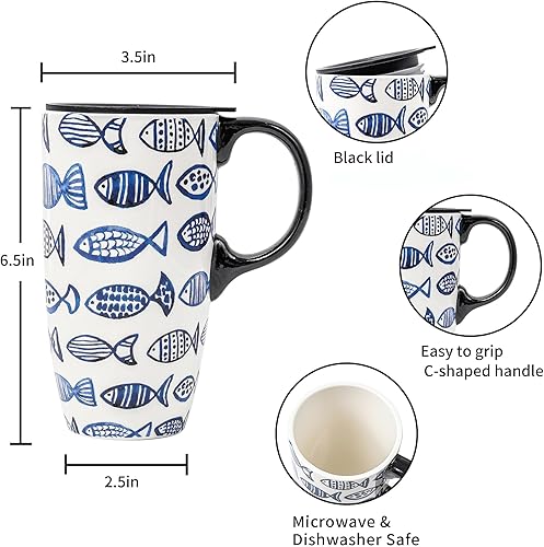 Miniatura 4 de Taza de café de viaje de cerámica con tapa, regalo para el hogar y la oficina, taza de té alta de porcelana de 17 onzas con mango de arte floral en