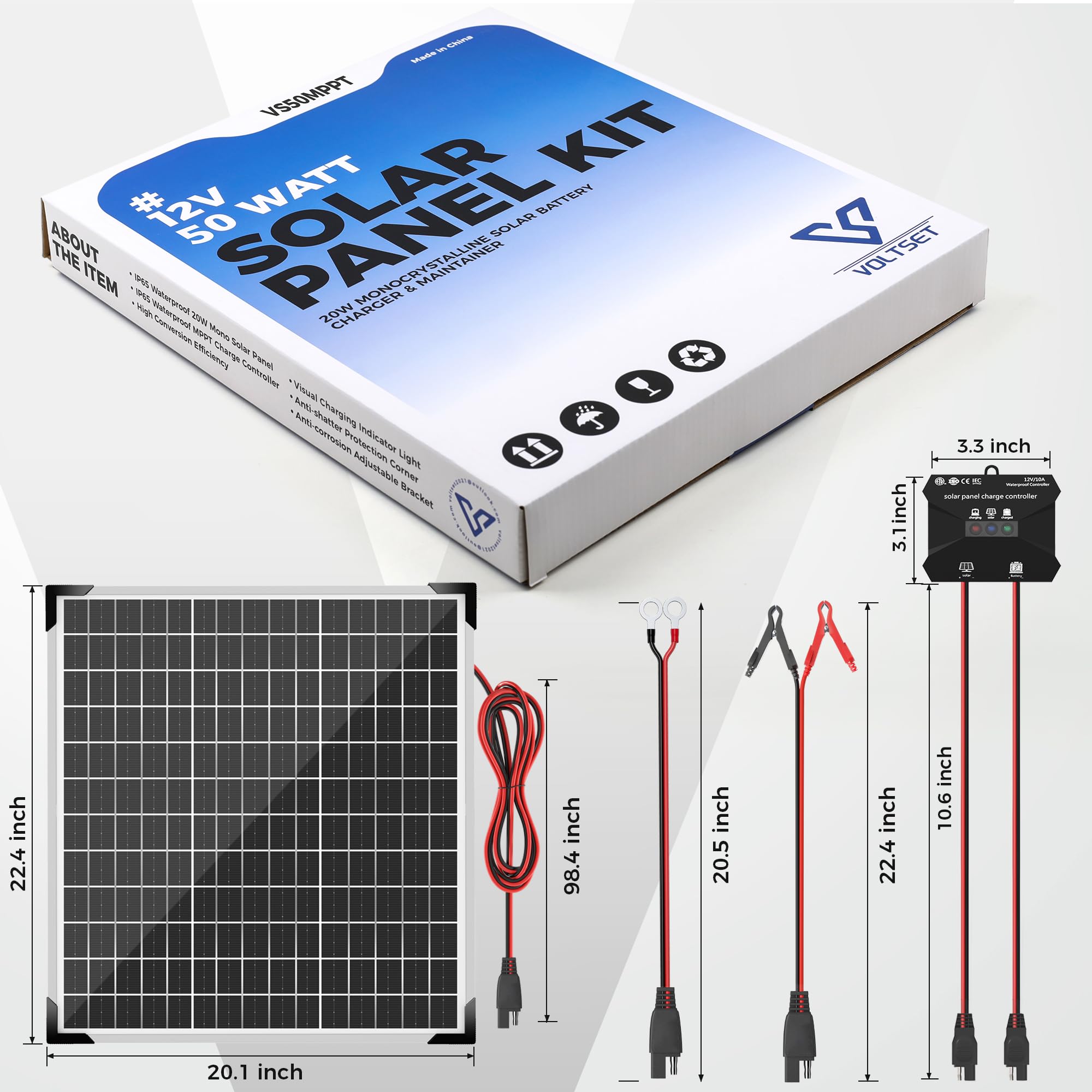 Voltset 50 W 12 V Solarpanel-Set, Erhaltungsladegerät für monokristalline Solarbatterien + Upgrade auf 10 A MPPT-Laderegler + Z-förmige Halterung für Auto, Wohnmobil, Boot, Motorrad, Toröffner