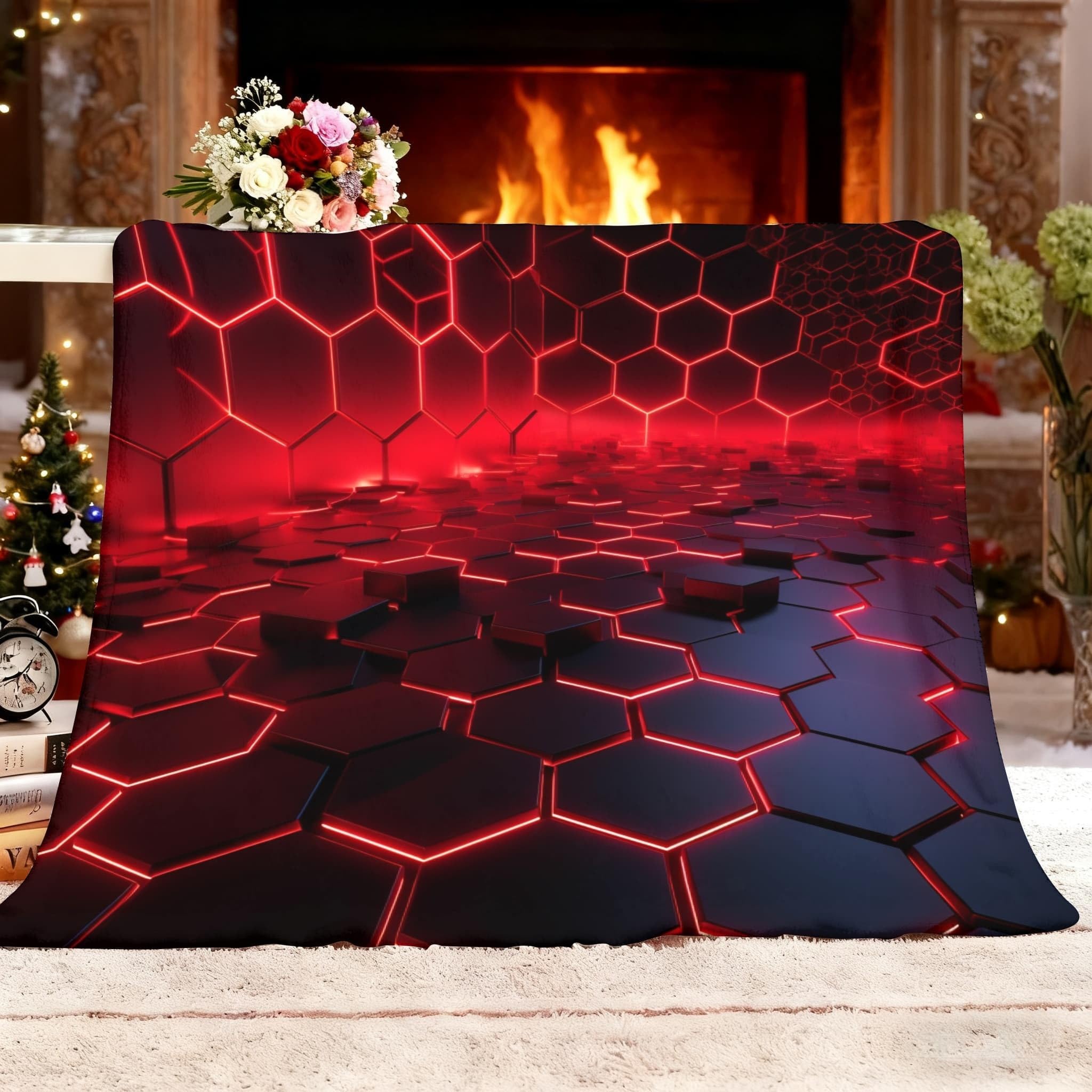 Coperta Plaid Pile di Flanella 180x220 cm, Alveare Geometrico Fantascientifico Calda e Morbida Coperta Pelosa Per Letto Matrimoniale, Colori Al Neon Coperta Morbida Leggera per Divano, Campeggio
