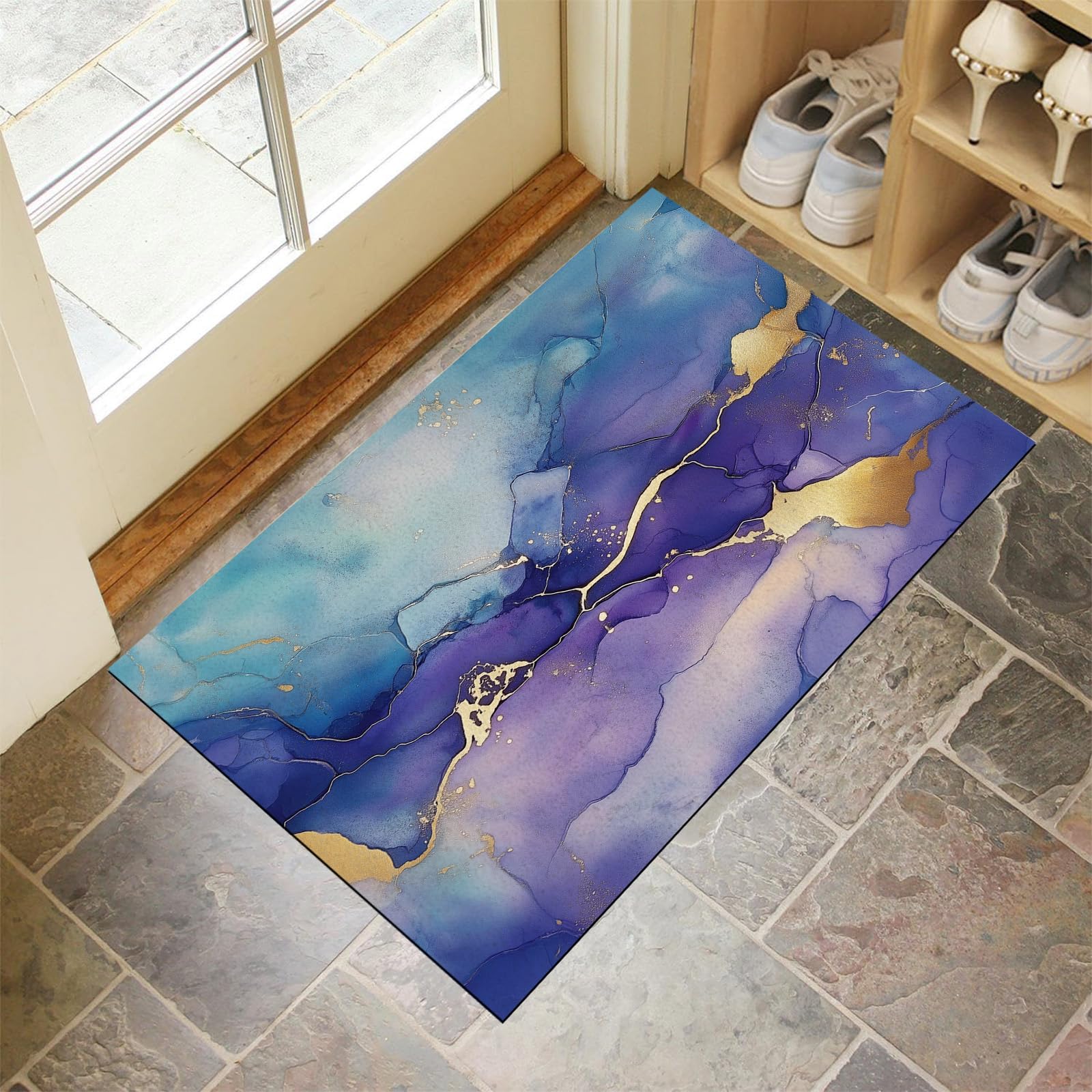 Tapis lavable et résistant motif encre bleue violette
