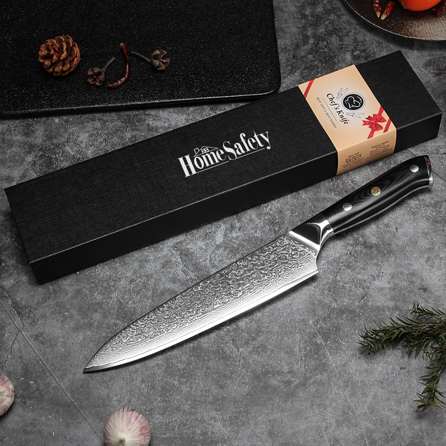 Home Safety Cuchillo de chef de damasco, Japones profesional de Acero Damasco de 67 Capas, de 20cm, Mango de Material G10