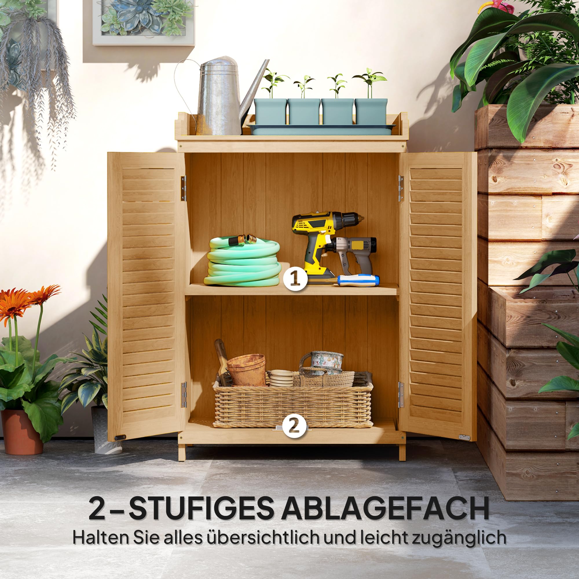 Outsunny Gartenschrank Holz, Geräteschuppen mit Arbeitsfläche, wetterfest Geräteschrank, 65,5x40x98,5cm, Gerätehaus mit Lamellentür, Ablagen, Werkzeugschrank Gartenschuppen für Garten, Terrasse, Gelb
