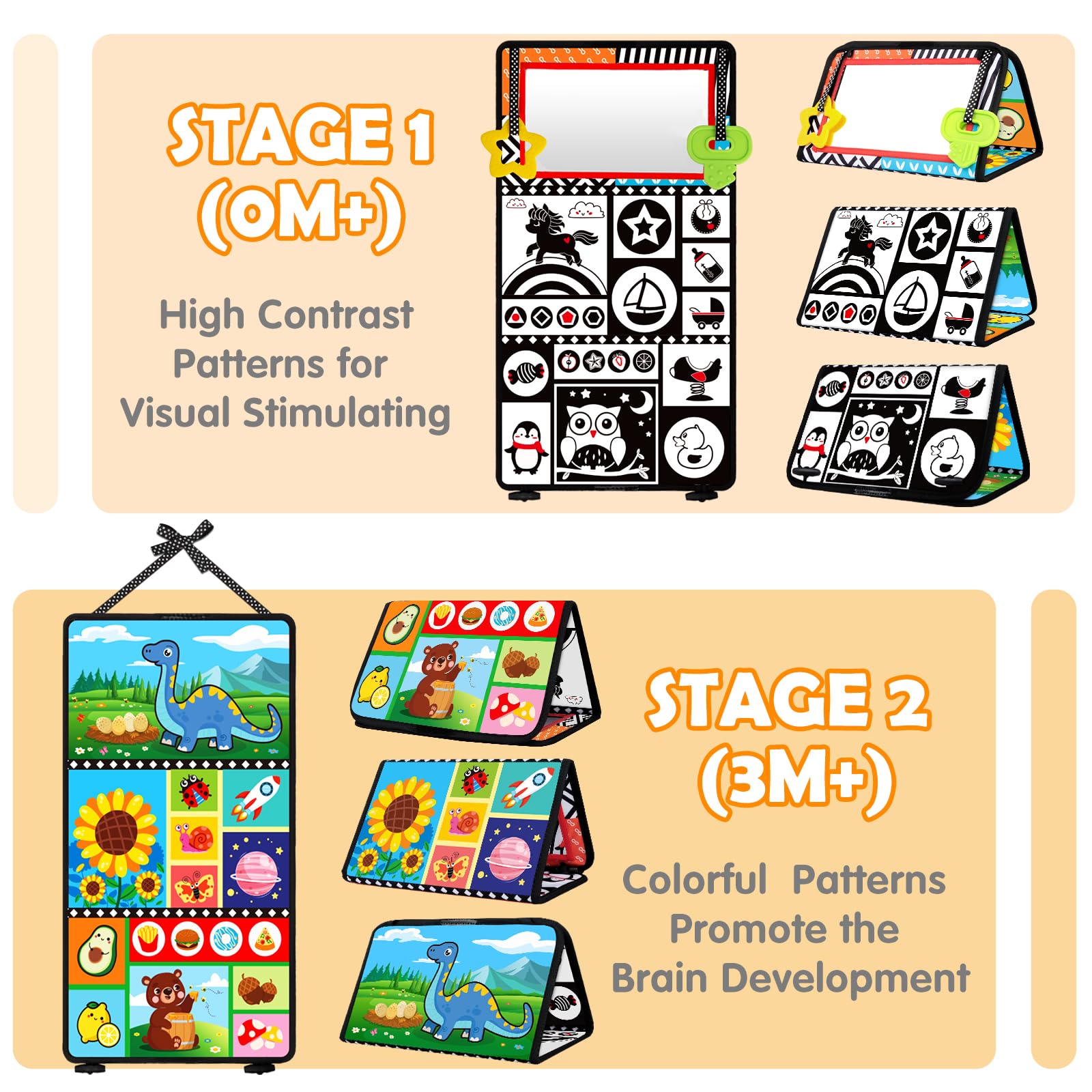 Juguetes para bebés de 0 a 6 meses – Juguete para bebés de alto contraste en blanco y negro – Espejo de bebé con mordedor de libro de tela – Juguete sensorial arrugado Montessori para bebés de 0-3-6 3