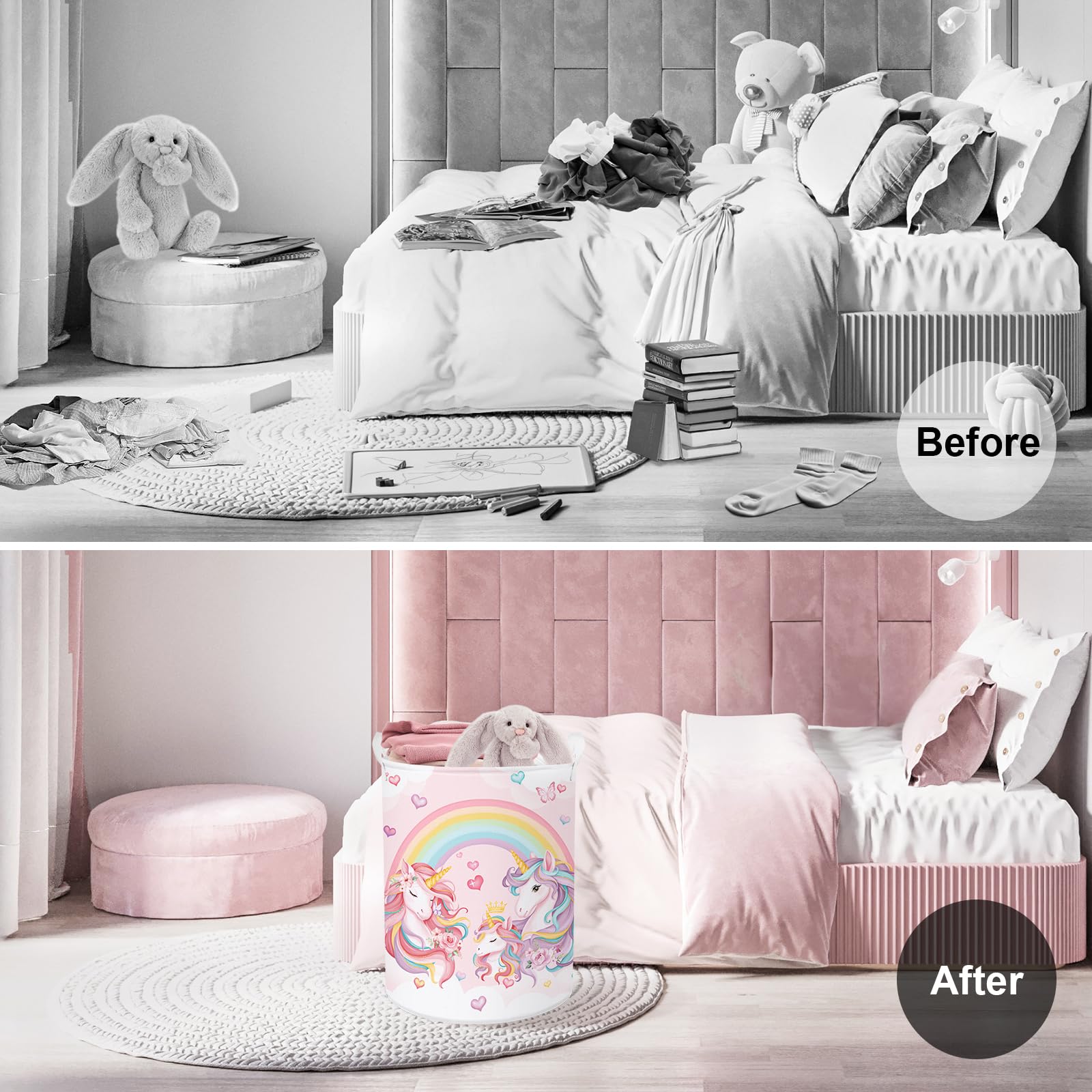 Clastyle 45L Large Pink Unicorn Rainbow Kid Laundry Hamper for Girl Collapsible Heart Butterfly Clothes Toy Nursery Storage Basket with Lid