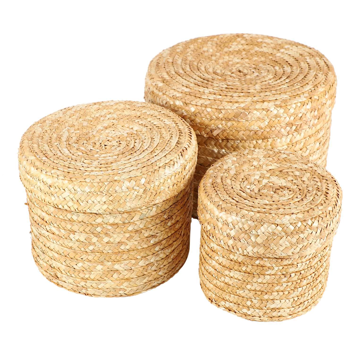 CTRLZS 3 Pcs/Set Handmade Straw Woven Storage Basket With Lid Snack Organizer Storage Box Laundry Baskets Rattan Storage Flower Basket