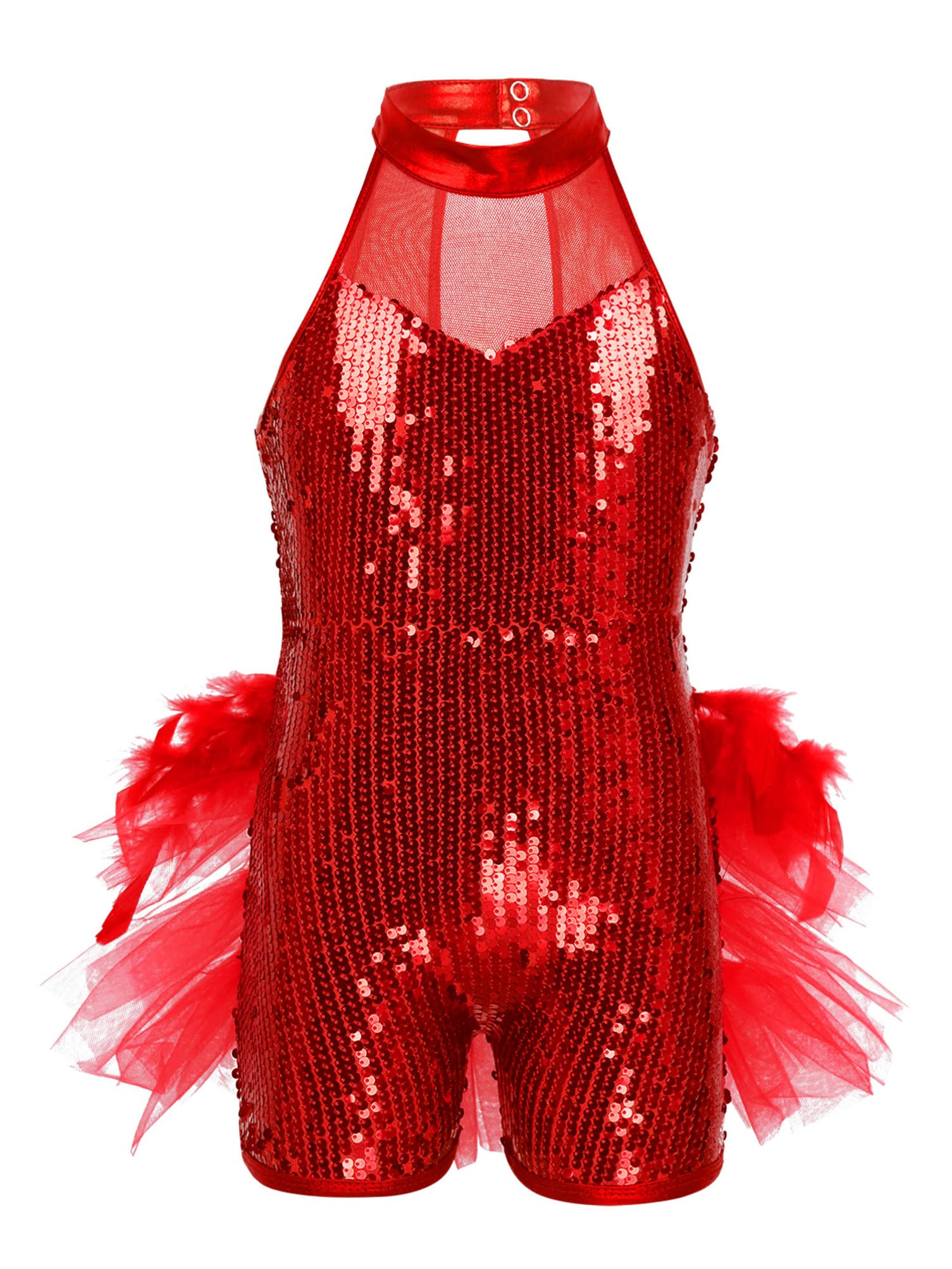 Aislor Traje de Danza Niñas Maillot Monos de Baile Lentejuelas Brillantes Vestido Princesa de Danza con Plumas Ropa de Baile Latino Actuación