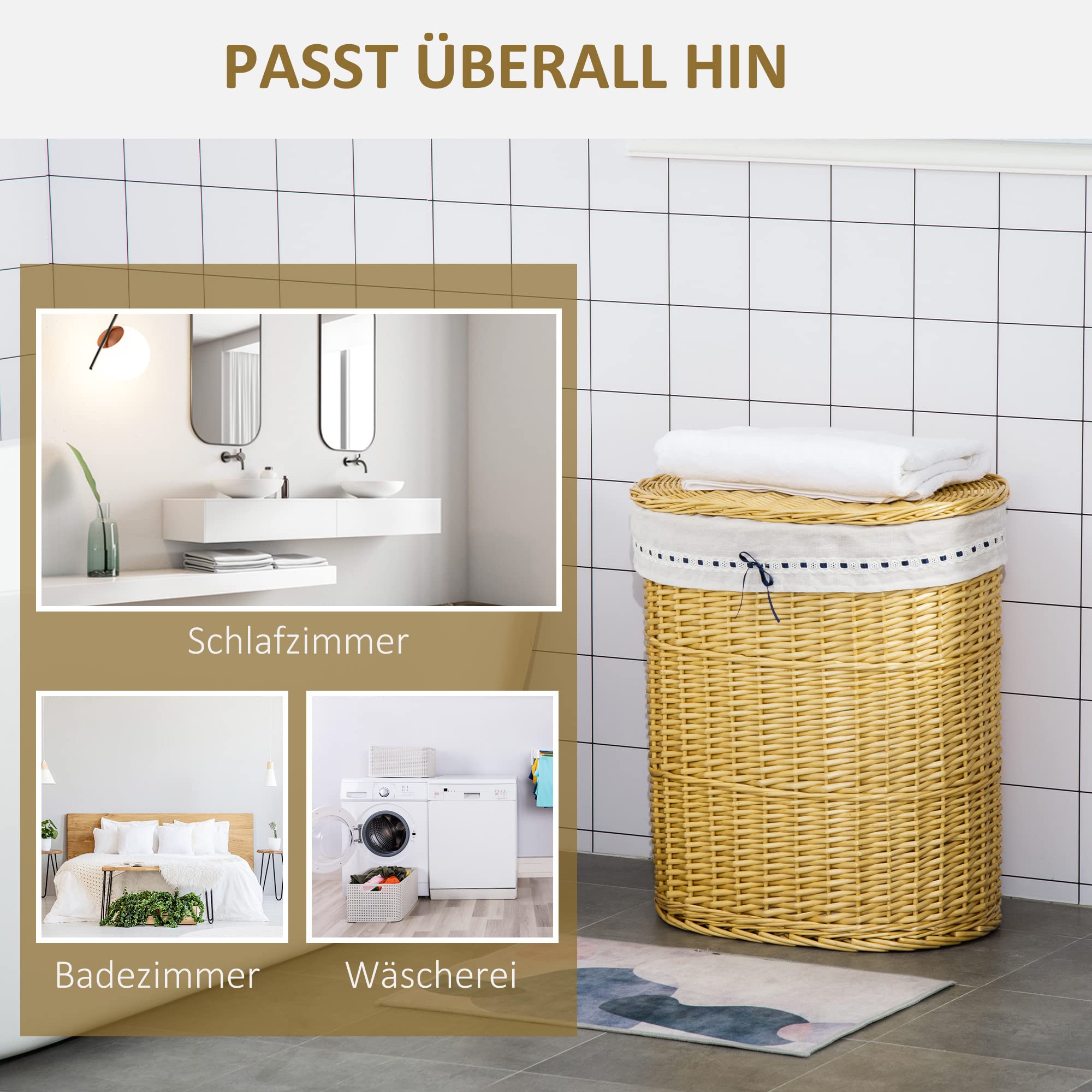 HOMCOM Wäschekorb aus Weide mit Deckel Herausnehmbarer Wäschesack Natur | Wäschesammler mit Griff, Laundry Baskets, Wäschebox für Badezimmer Waschküche Schlafzimmer