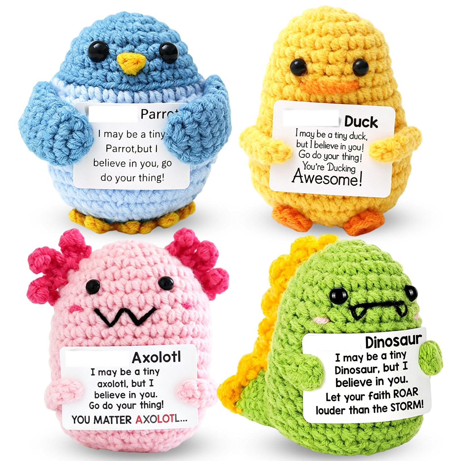 4PCS Crochet Animals, Emotional Support Gift for Students and Office Workers, Handmade Crochet Animals for Desk Decor and Car Dashboard in Green Dinosaur Yellow Duck Pink Salamander Blue Parrot