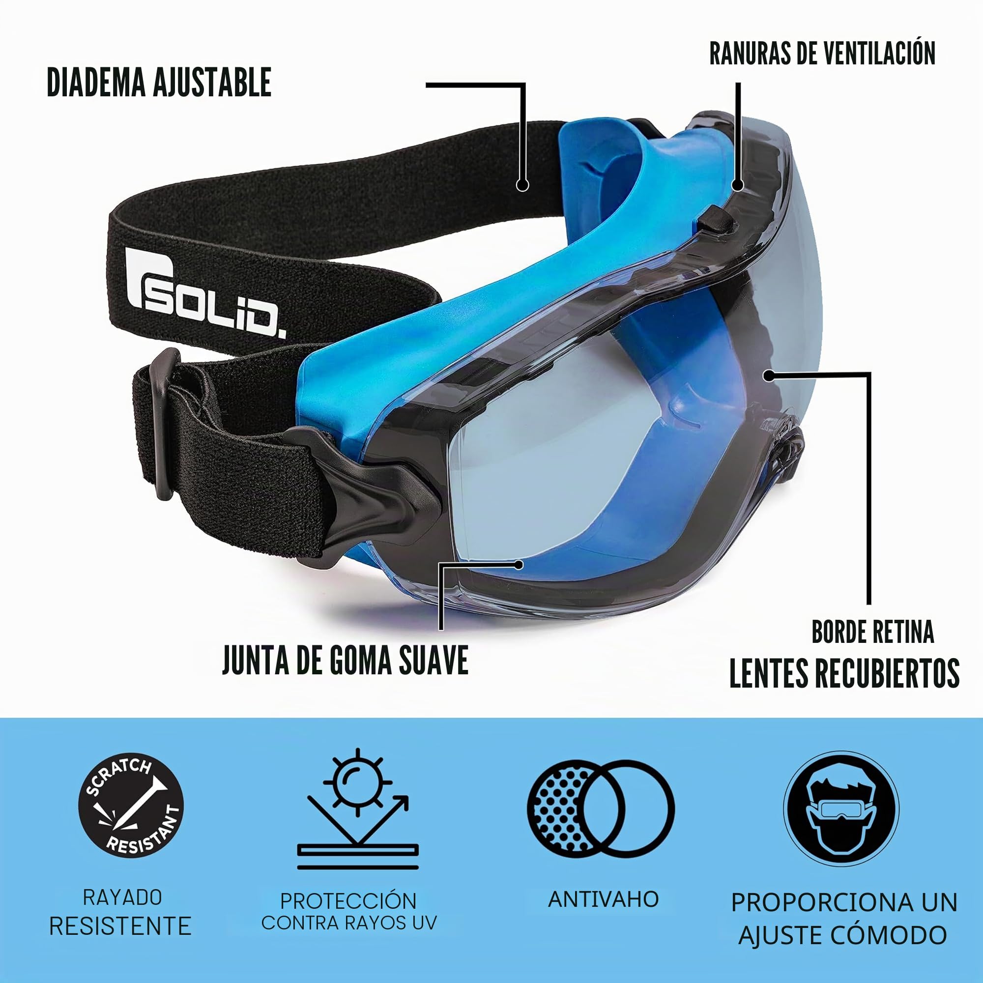SOLID. gafas proteccion trabajo de ajuste perfecto | Gafas de seguridad a prueba de polvo con ajuste universal | Para los usuarios de gafas | Resistentes a los arañazos, antiniebla & protección UV