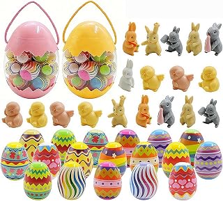 Easter Eggs, 12 Colorful Plastic Fillable Eggs With Assorted Mini Plastic Toys, Happy Easter Themed Gift Box, EasterHunt Party Favors, Gifts for Kids Party Favors Box Toys