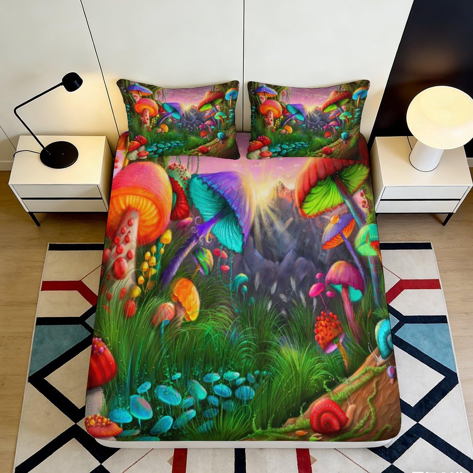 3D Printed Fantasy Mushroom Fitted Sheet Microfiber Vibrant Forest Mattress Cover for Bedroom Guest Room Decor Dust Protection 90x200x25cm