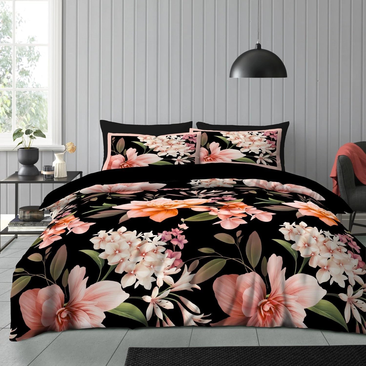 GC GAVENO CAVAILIA Microfiber Kingsize Duvet Cover Sets | Floral Bedding Sets King Size, Reversible Plain Quilt Cover Bed Set | Hypoallergenic Duvet Cover With Pillowcases | (230x220 Cm), Black