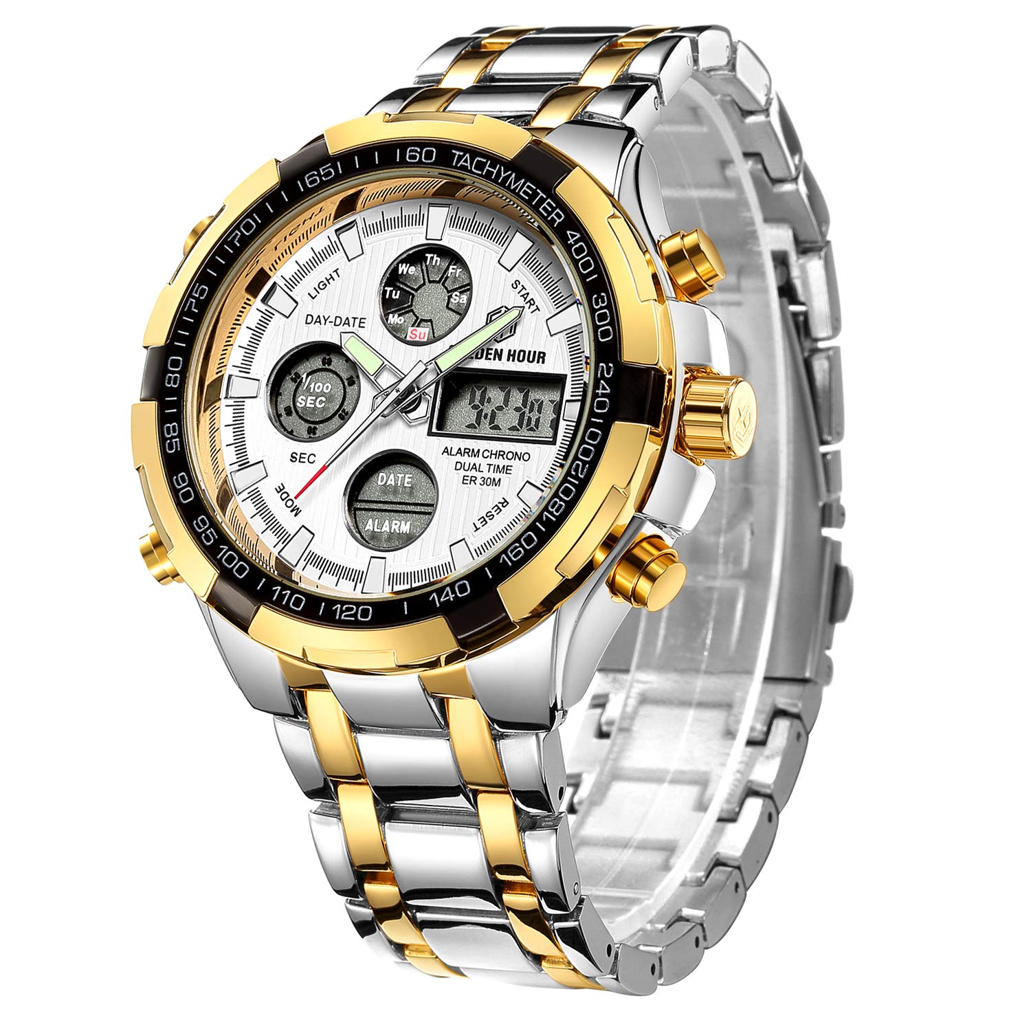 GOLDEN HOURTamlee Luxury Full Steel Analog Digital Watches for Men Led Male Outdoor Sport Military Wristwatch (Silver Gold White)
